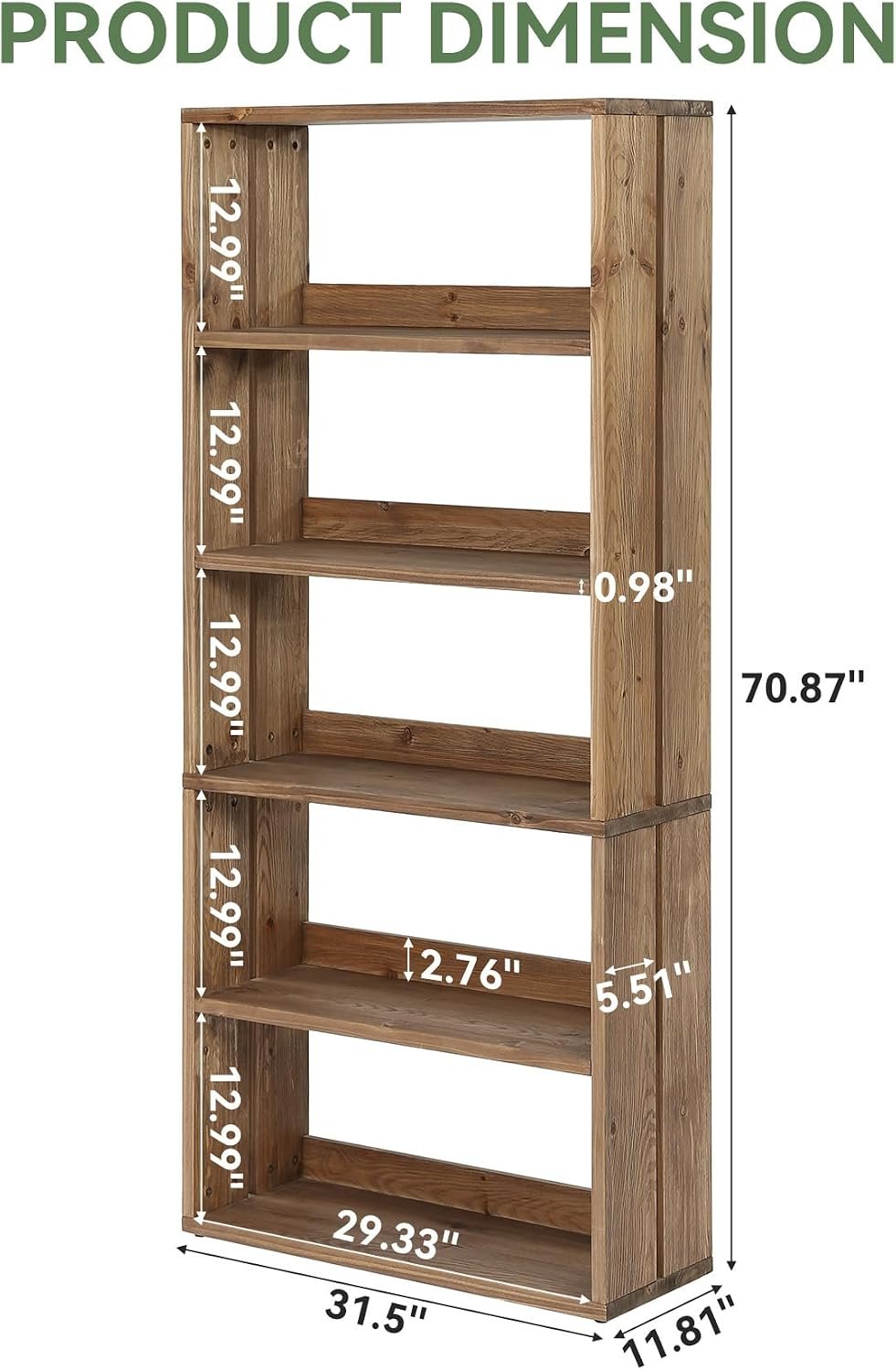 Tribesigns Librería de madera maciza, 180 cm, 5 niveles, Marrón rústicoCompartimentos abiertos, estilo campestre