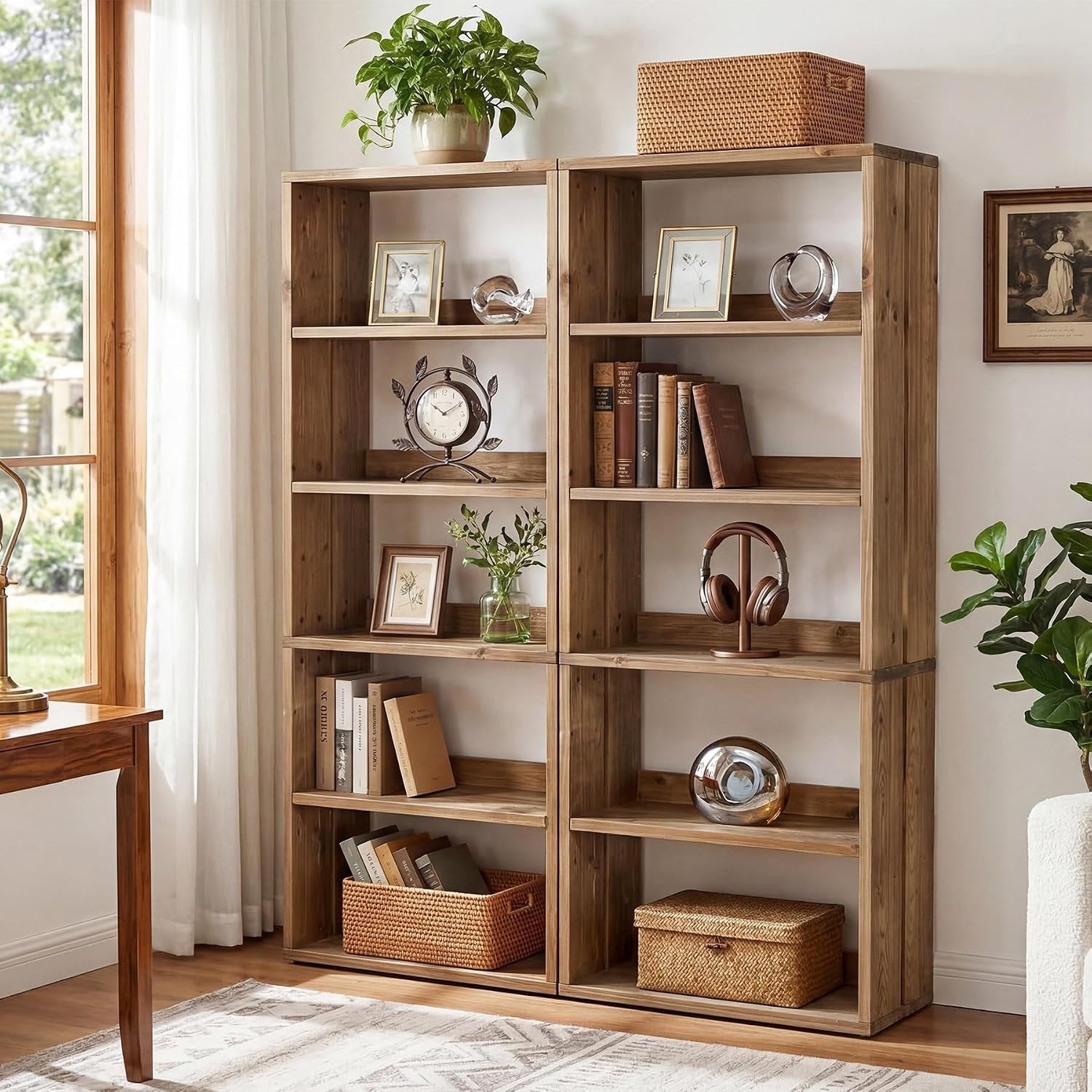 Tribesigns Librería de madera maciza, 180 cm, 5 niveles, Marrón rústicoCompartimentos abiertos, estilo campestre