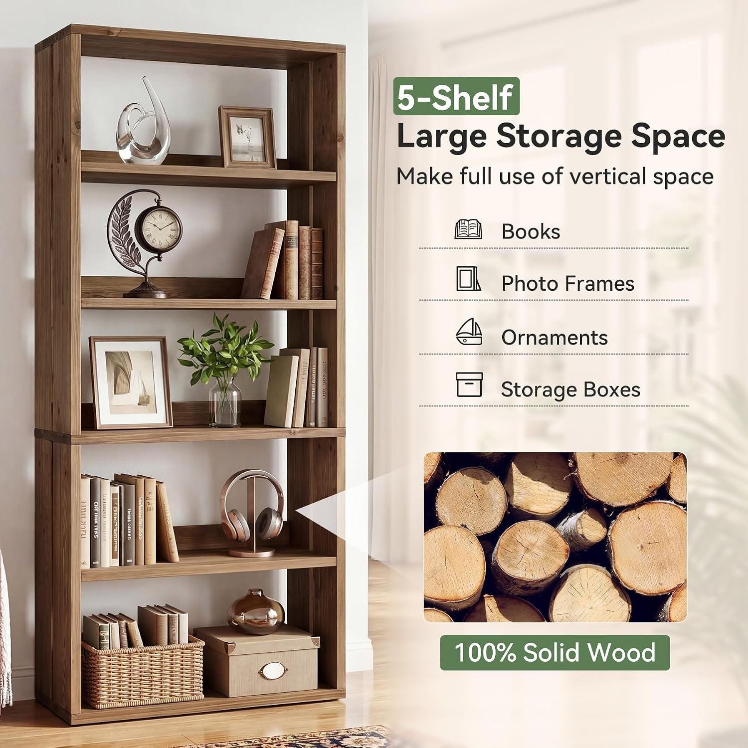 Tribesigns Librería de madera maciza, 180 cm, 5 niveles, Marrón rústicoCompartimentos abiertos, estilo campestre