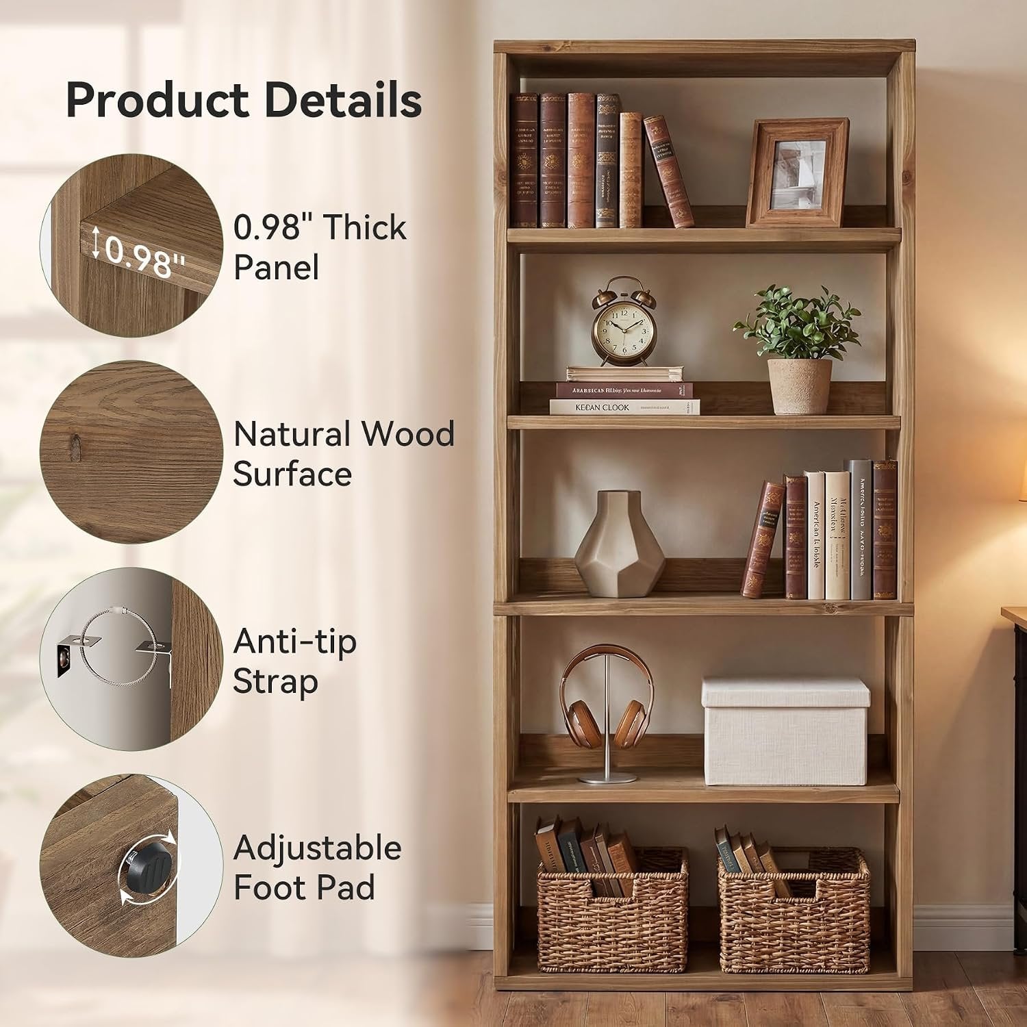Tribesigns Librería de madera maciza, 180 cm, 5 niveles, Marrón rústicoCompartimentos abiertos, estilo campestre