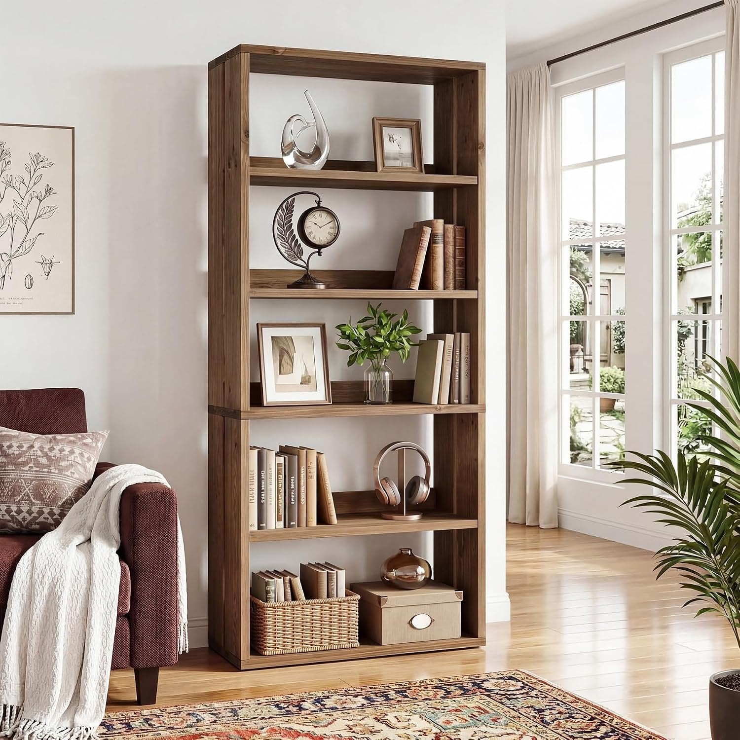 Tribesigns Librería de madera maciza, 180 cm, 5 niveles, Marrón rústicoCompartimentos abiertos, estilo campestre