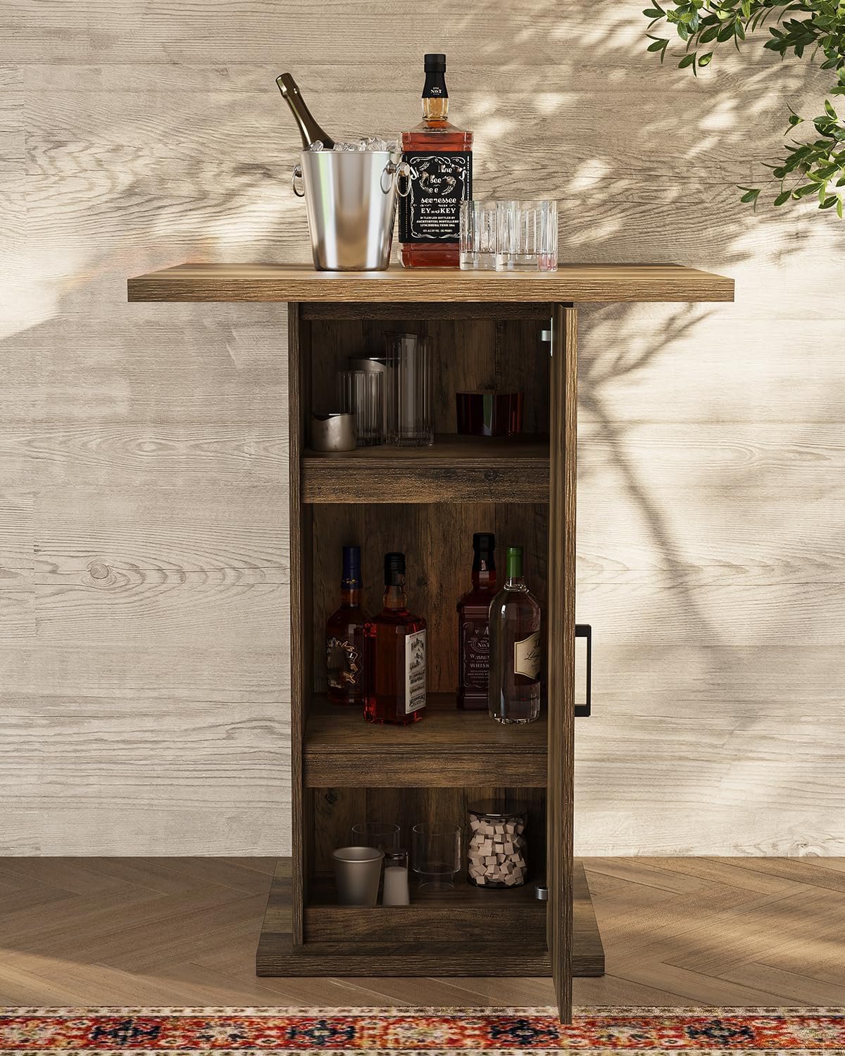 Tribesigns Mesa de bar con armario de almacenamiento 100 cm de altura, Mesa cuadrada de madera, mesa de bistró de estilo rústico con armario de 3 niveles