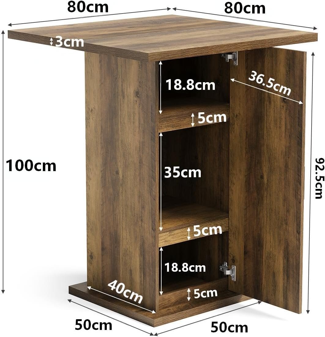 Tribesigns Mesa de bar con armario de almacenamiento 100 cm de altura, Mesa cuadrada de madera, mesa de bistró de estilo rústico con armario de 3 niveles