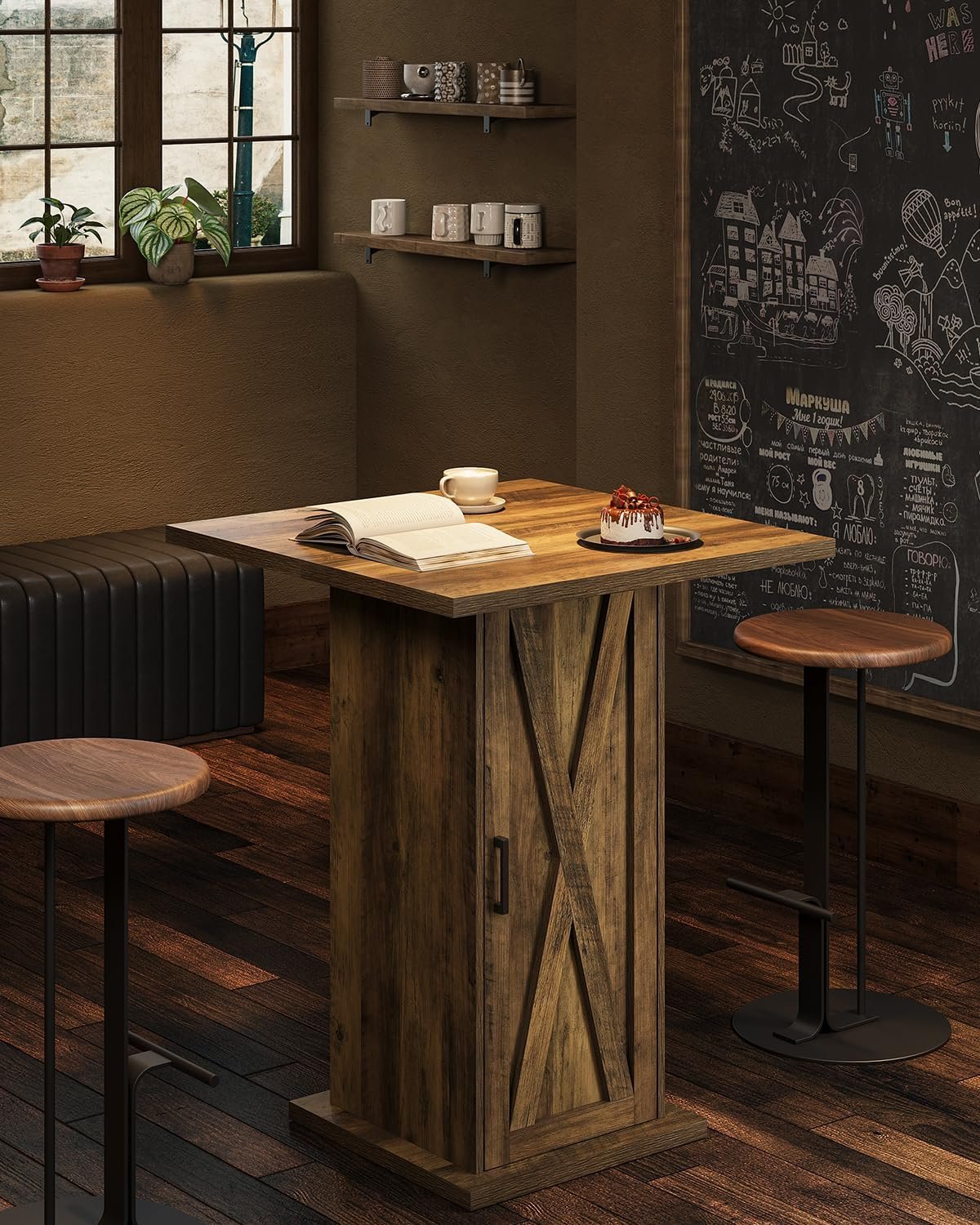 Tribesigns Mesa de bar con armario de almacenamiento 100 cm de altura, Mesa cuadrada de madera, mesa de bistró de estilo rústico con armario de 3 niveles