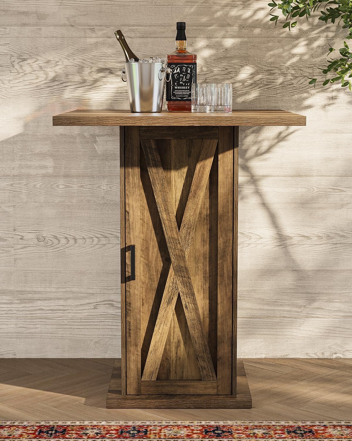 Tribesigns Mesa de bar con armario de almacenamiento 100 cm de altura, Mesa cuadrada de madera, mesa de bistró de estilo rústico con armario de 3 niveles