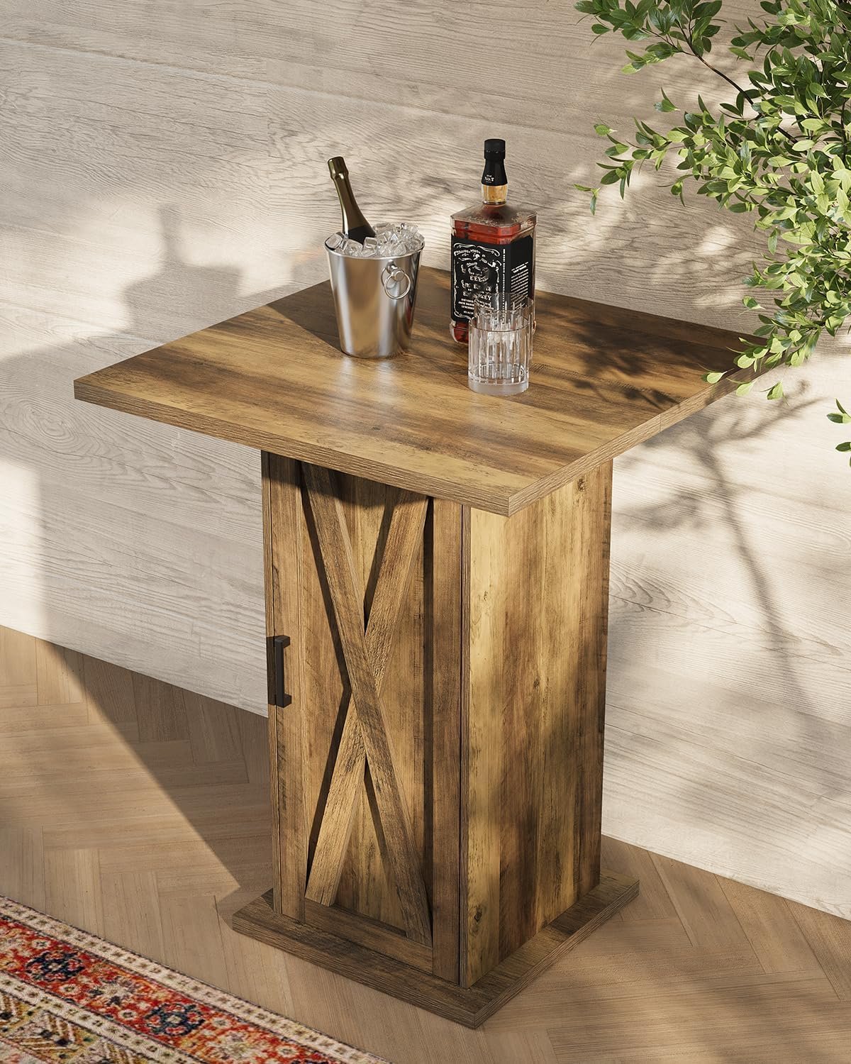 Tribesigns Mesa de bar con armario de almacenamiento 100 cm de altura, Mesa cuadrada de madera, mesa de bistró de estilo rústico con armario de 3 niveles