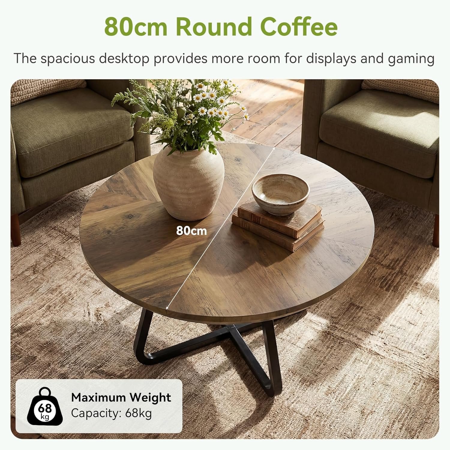 Tribesigns Mesa de centro redonda de 80 cm, Mesa de centro moderna con aspecto de madera, mesa auxiliar industrial con patas de metal