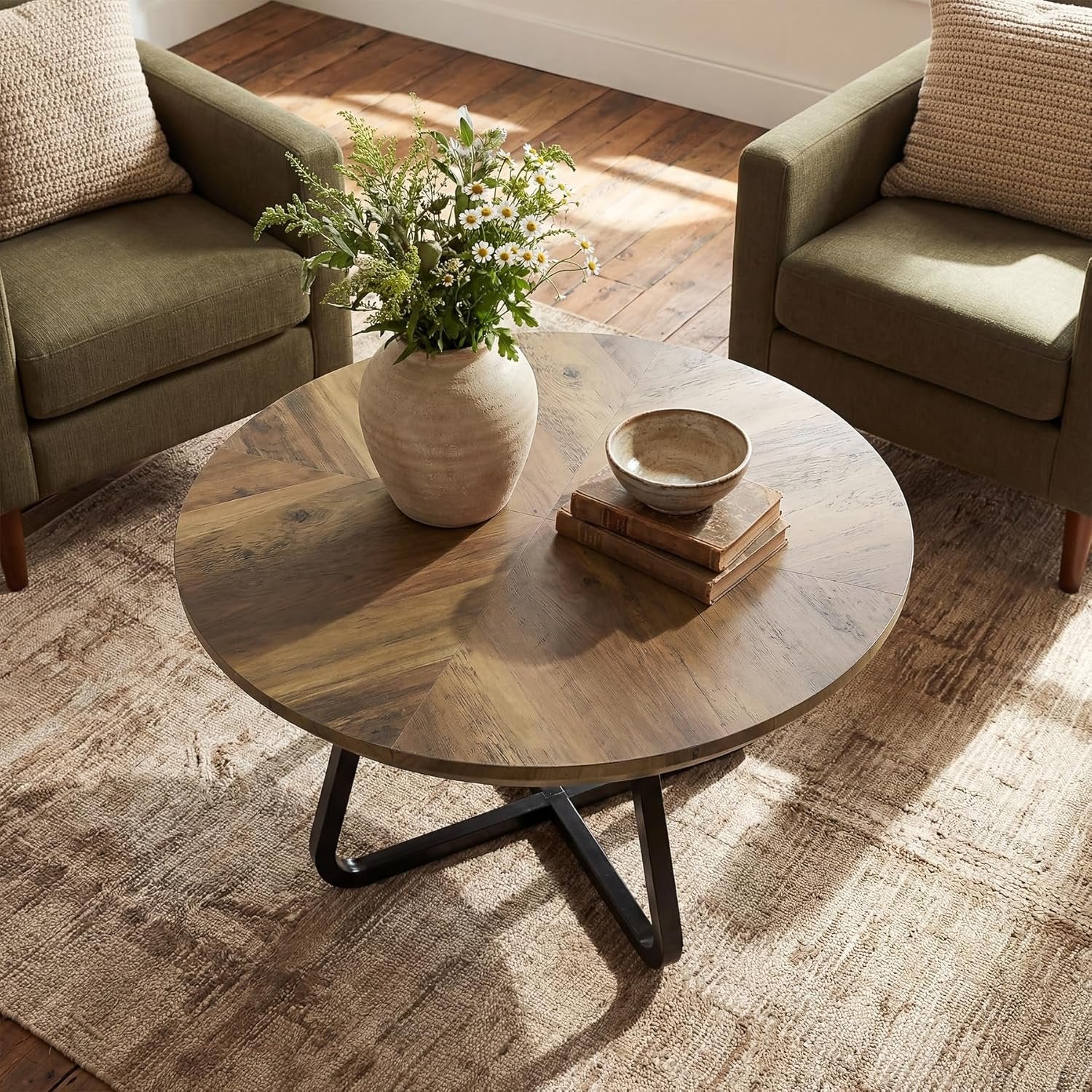Tribesigns Mesa de centro redonda de 80 cm, Mesa de centro moderna con aspecto de madera, mesa auxiliar industrial con patas de metal