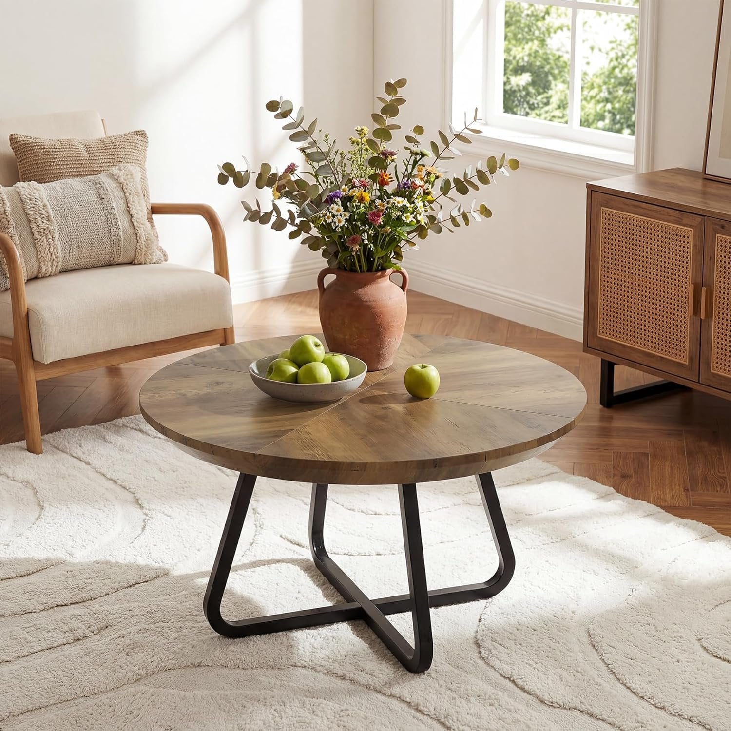 Tribesigns Mesa de centro redonda de 80 cm, Mesa de centro moderna con aspecto de madera, mesa auxiliar industrial con patas de metal