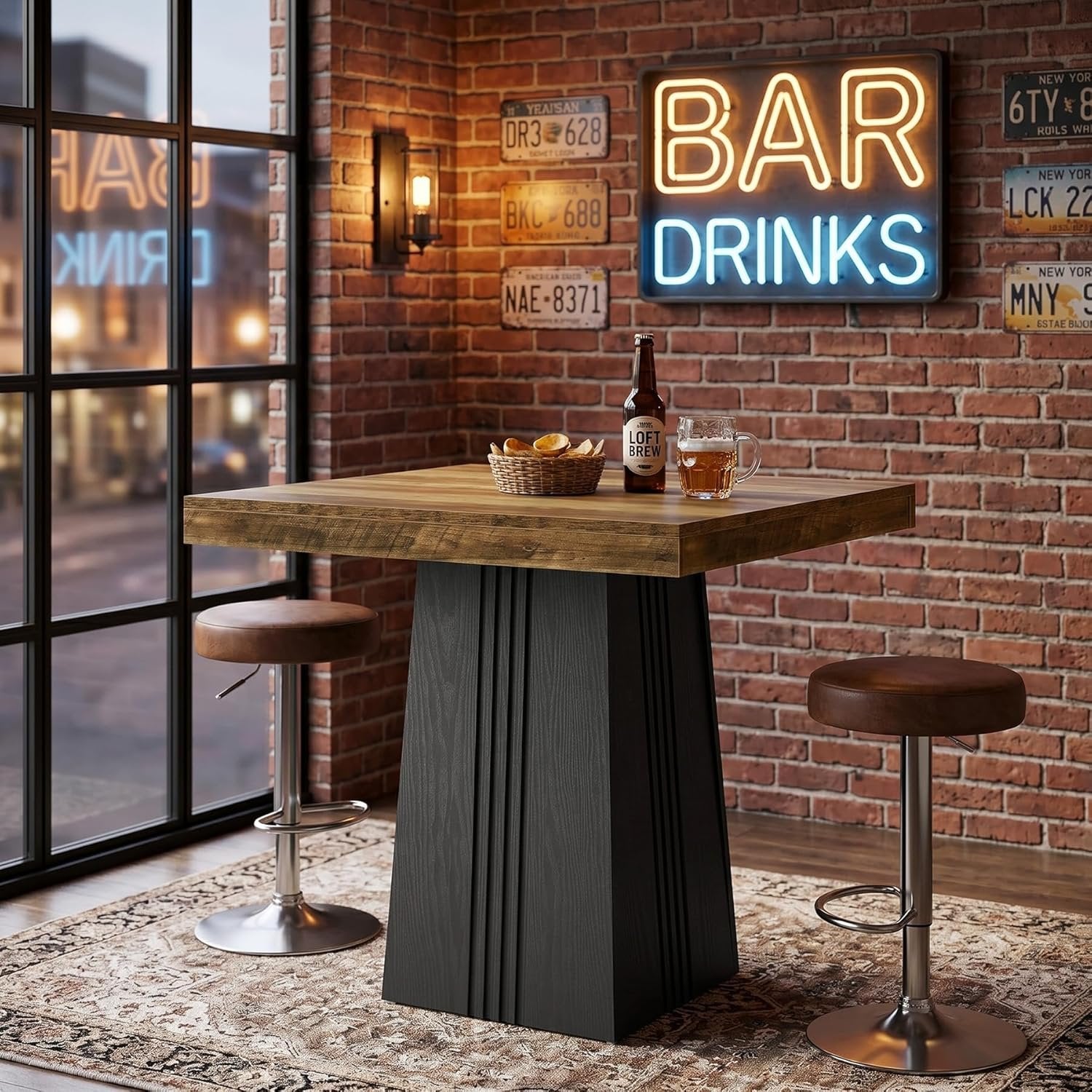 Tribesigns Mesa de bar cuadrada de 80 x 80 cm y 90 cm de alto, Mesa alta tipo bistró con base acanalada, estilo rústico