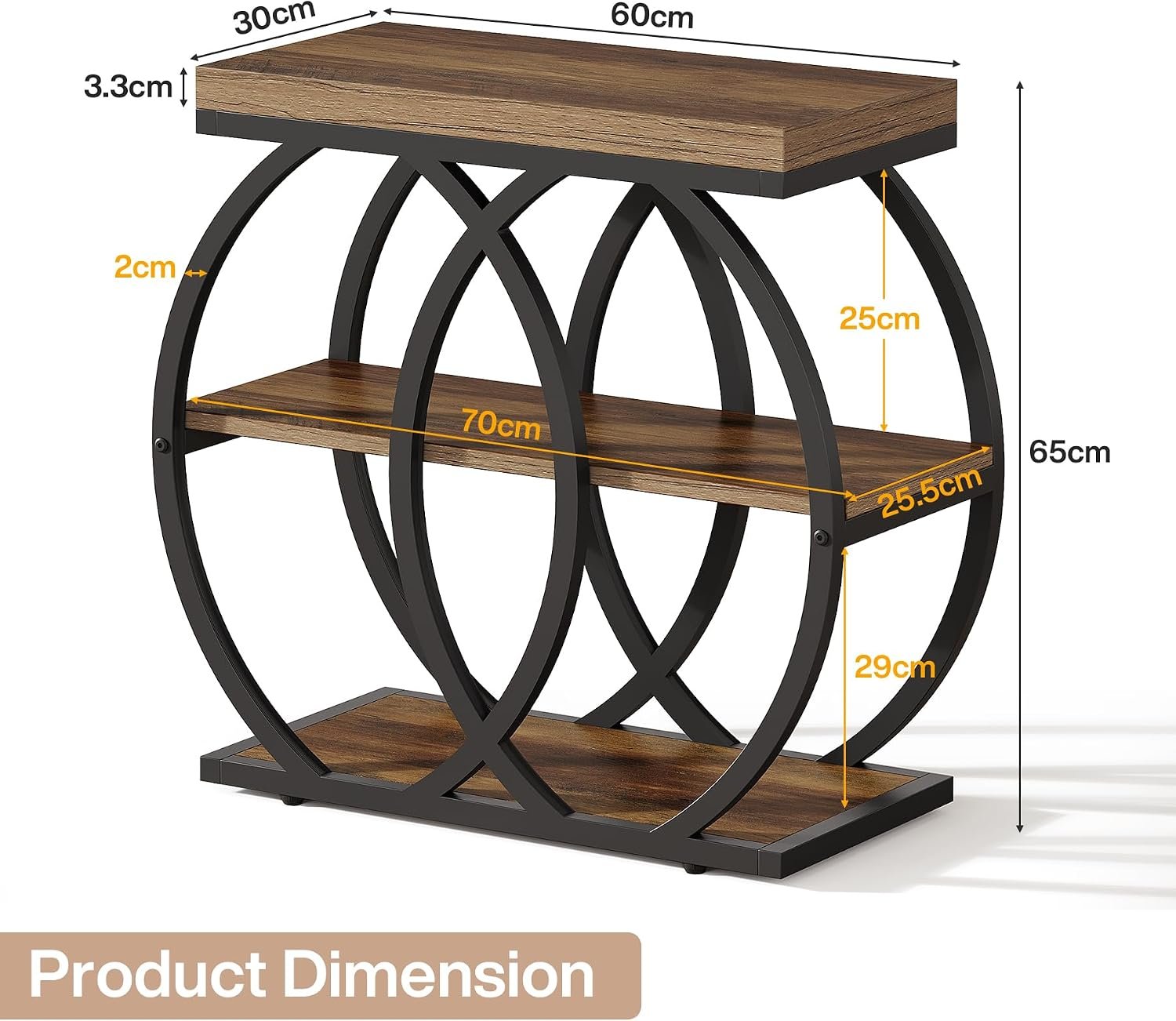 Mesa auxiliar de madera de 3 niveles, 60 x 65 x 30 cm, Mesa de centro estrecha de estilo rústico con almacenamiento