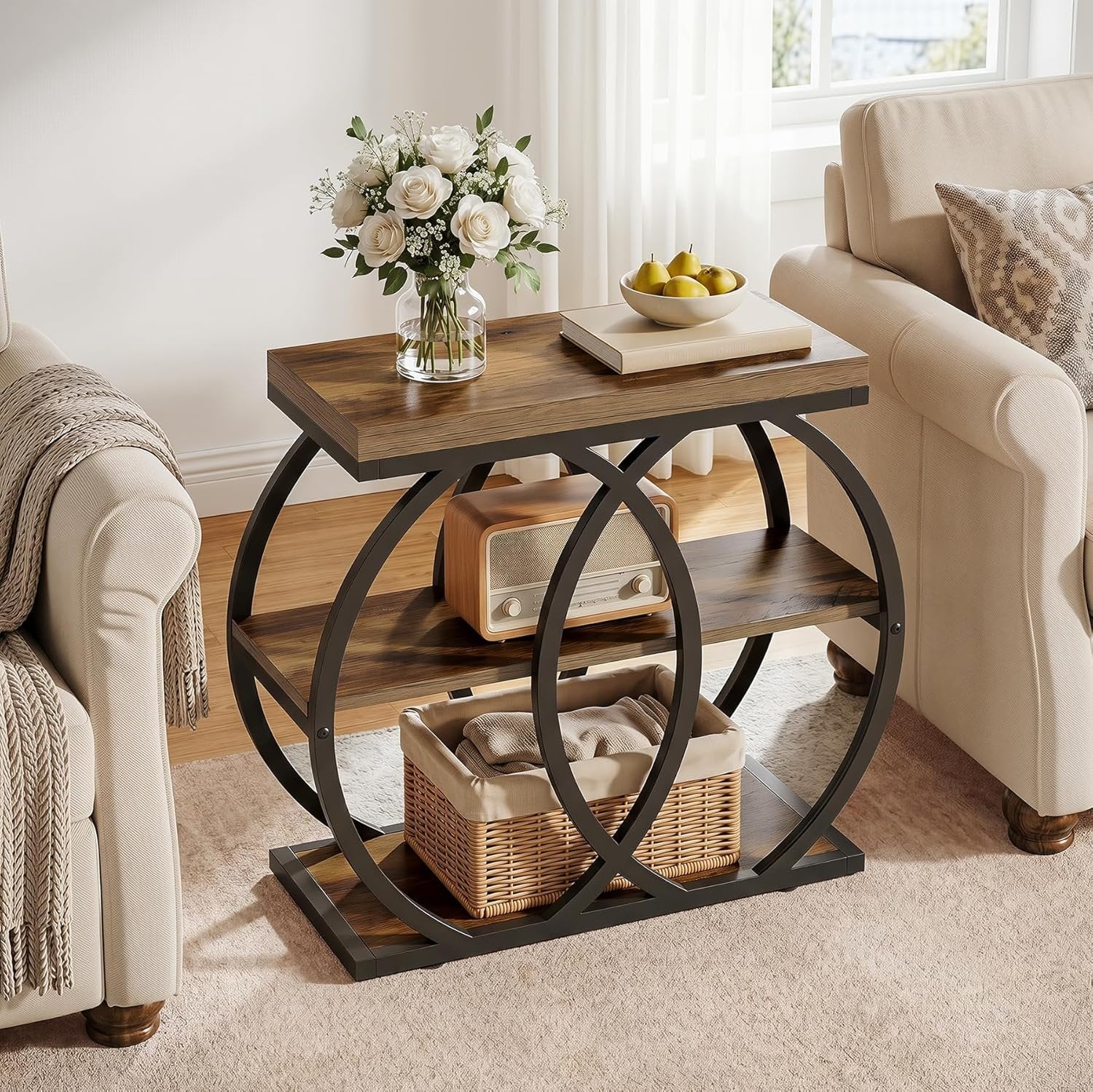 Mesa auxiliar de madera de 3 niveles, 60 x 65 x 30 cm, Mesa de centro estrecha de estilo rústico con almacenamiento