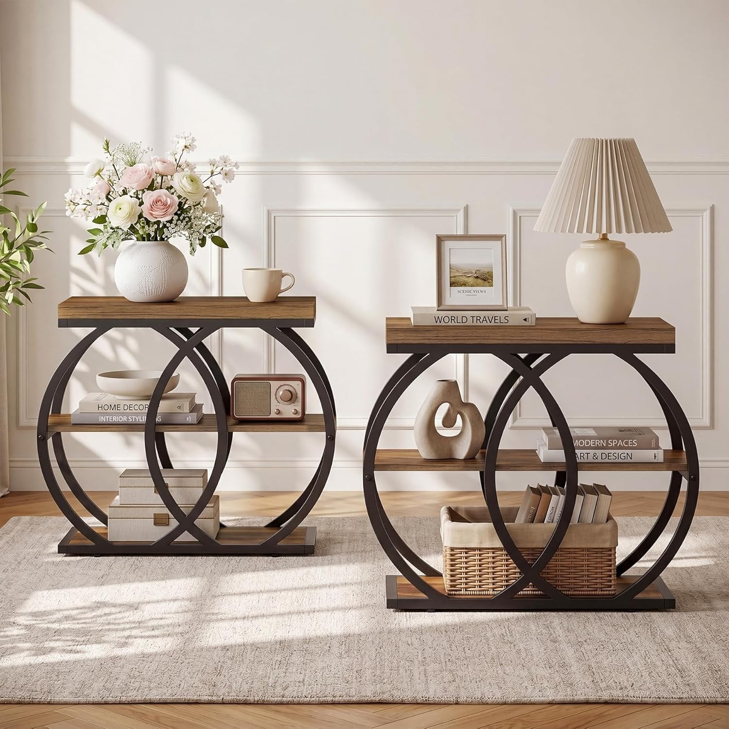 Mesa auxiliar de madera de 3 niveles, 60 x 65 x 30 cm, Mesa de centro estrecha de estilo rústico con almacenamiento