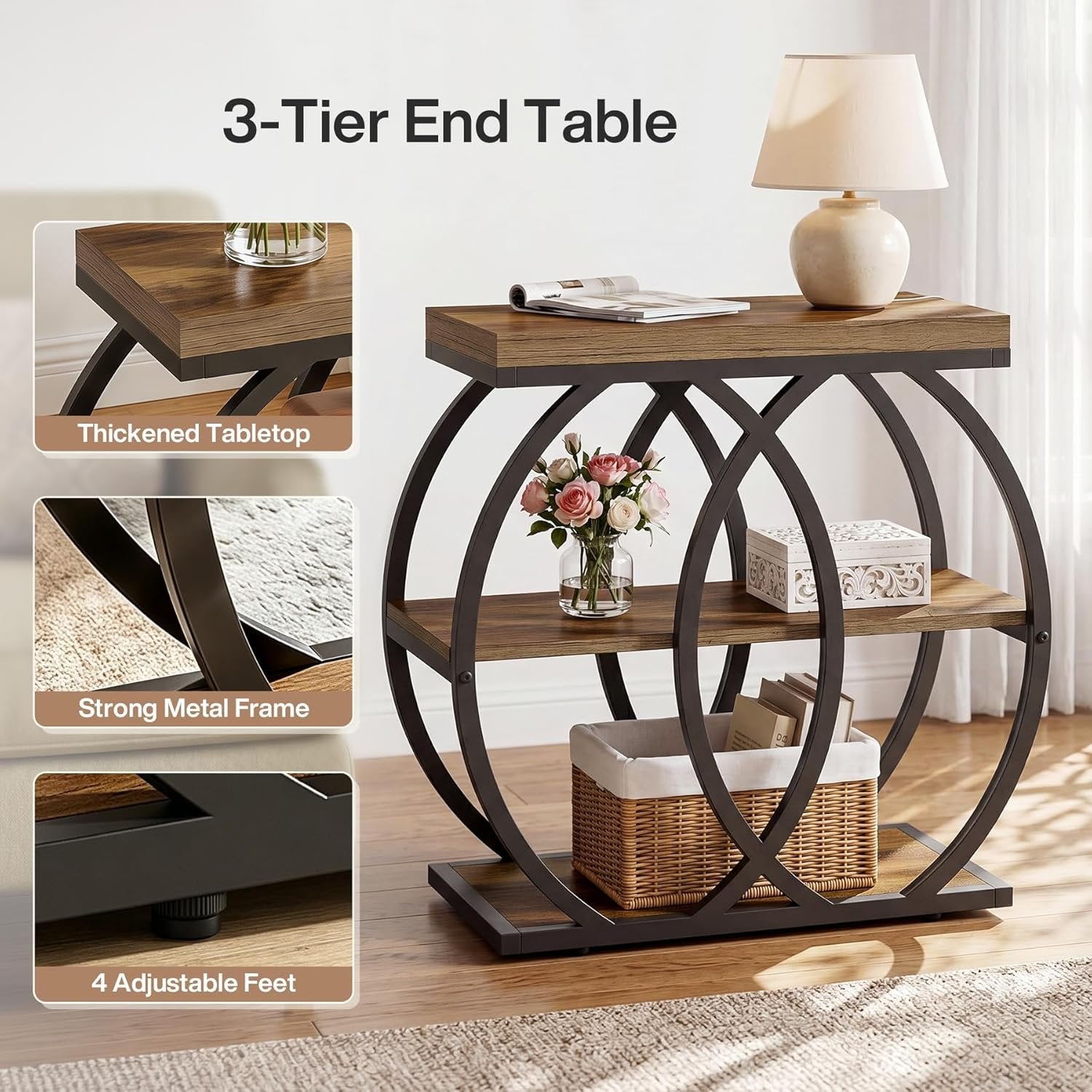 Mesa auxiliar de madera de 3 niveles, 60 x 65 x 30 cm, Mesa de centro estrecha de estilo rústico con almacenamiento