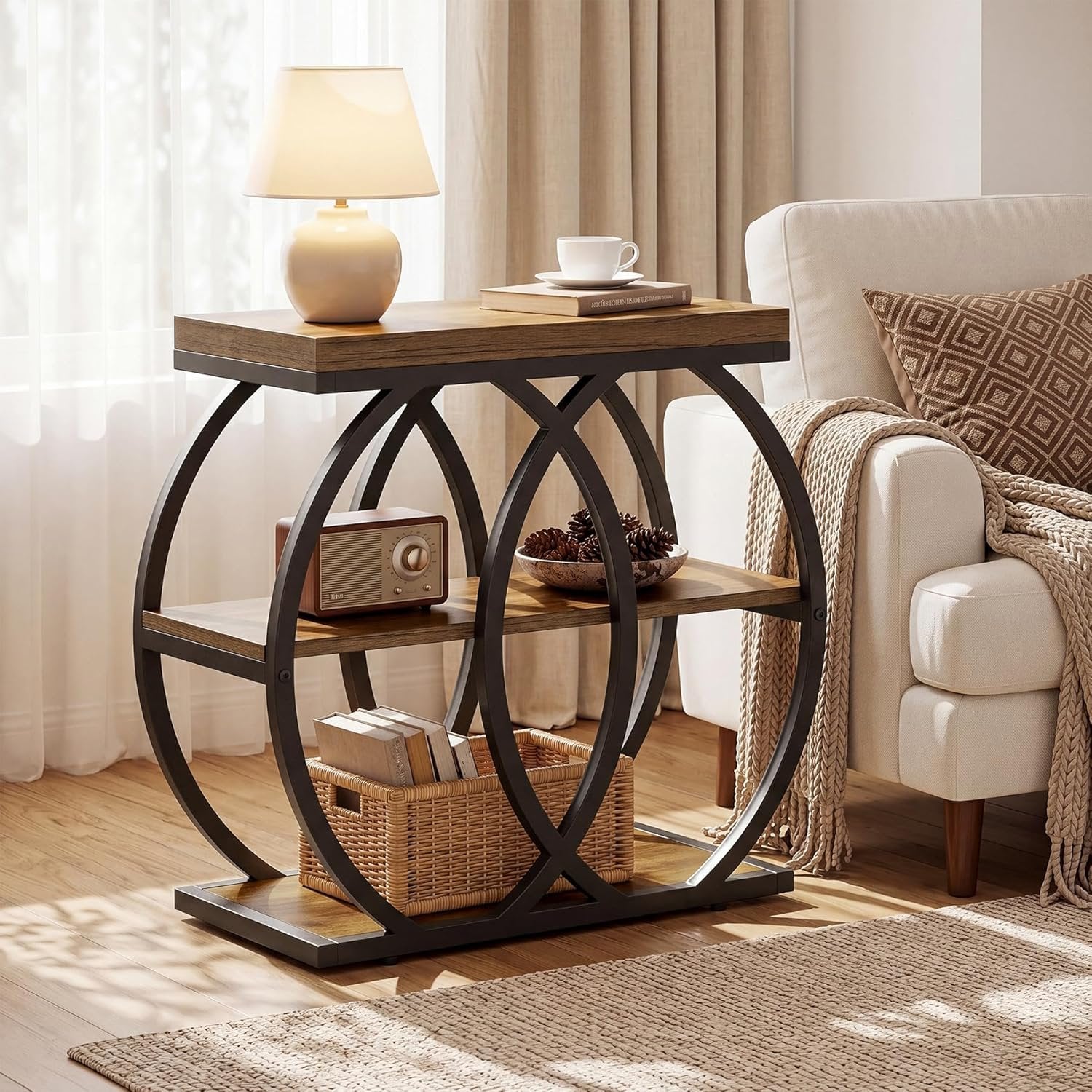 Mesa auxiliar de madera de 3 niveles, 60 x 65 x 30 cm, Mesa de centro estrecha de estilo rústico con almacenamiento