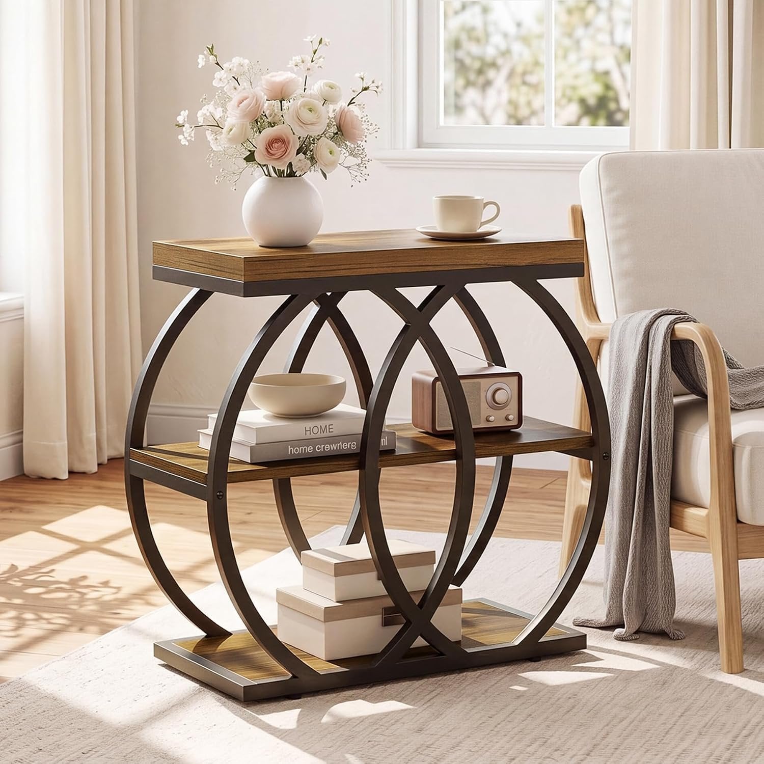 Mesa auxiliar de madera de 3 niveles, 60 x 65 x 30 cm, Mesa de centro estrecha de estilo rústico con almacenamiento