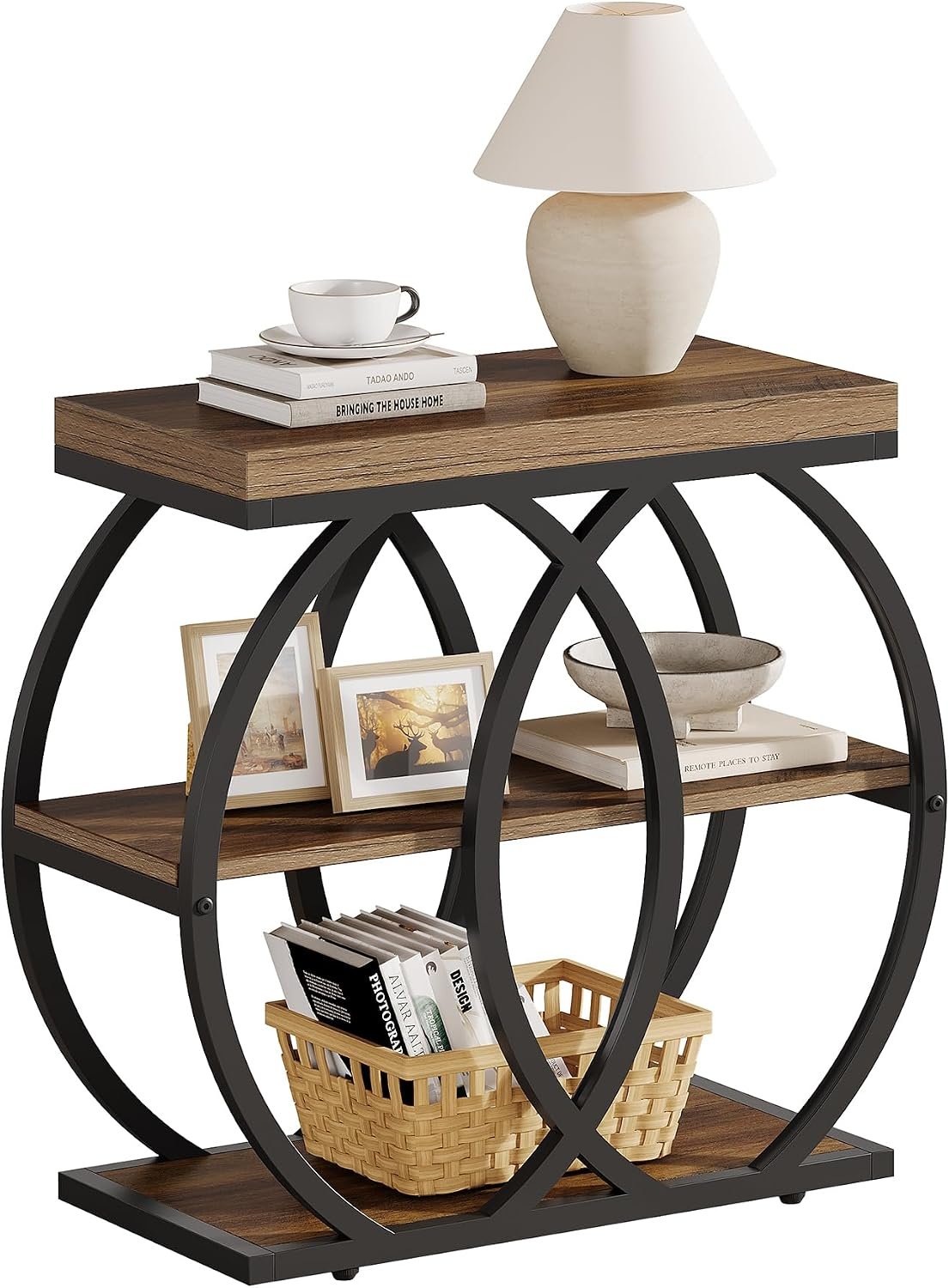 Mesa auxiliar de madera de 3 niveles, 60 x 65 x 30 cm, Mesa de centro estrecha de estilo rústico con almacenamiento
