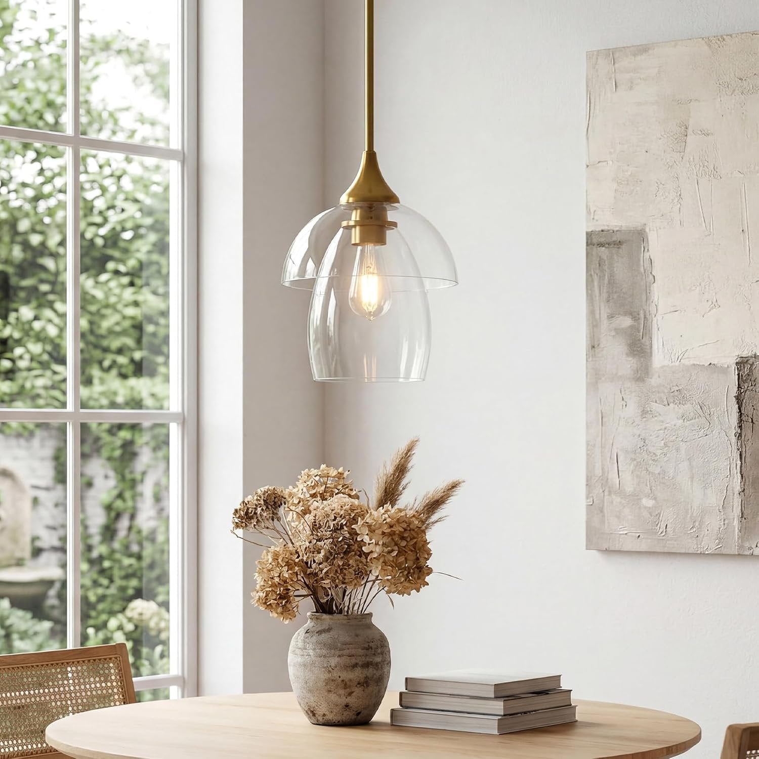 Tribesigns Lámpara colgante LED de cristal, Lámpara moderna para mesa de comedor con doble pantalla de cristal