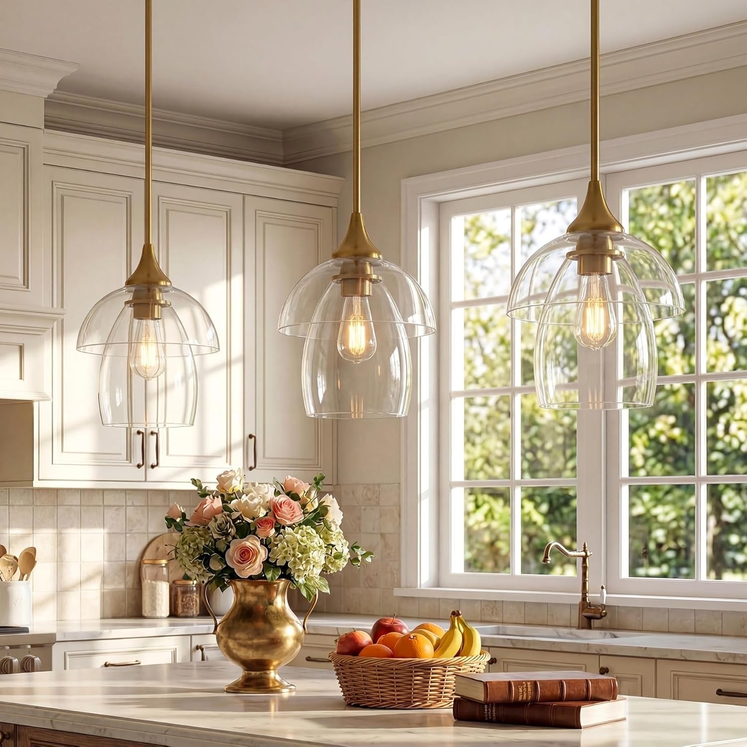 Tribesigns Lámpara colgante LED de cristal, Lámpara moderna para mesa de comedor con doble pantalla de cristal