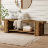 Tribesigns Banco zapatero de 160 cm con almacenamiento, color marrón Banco de madera estilo rústico 3