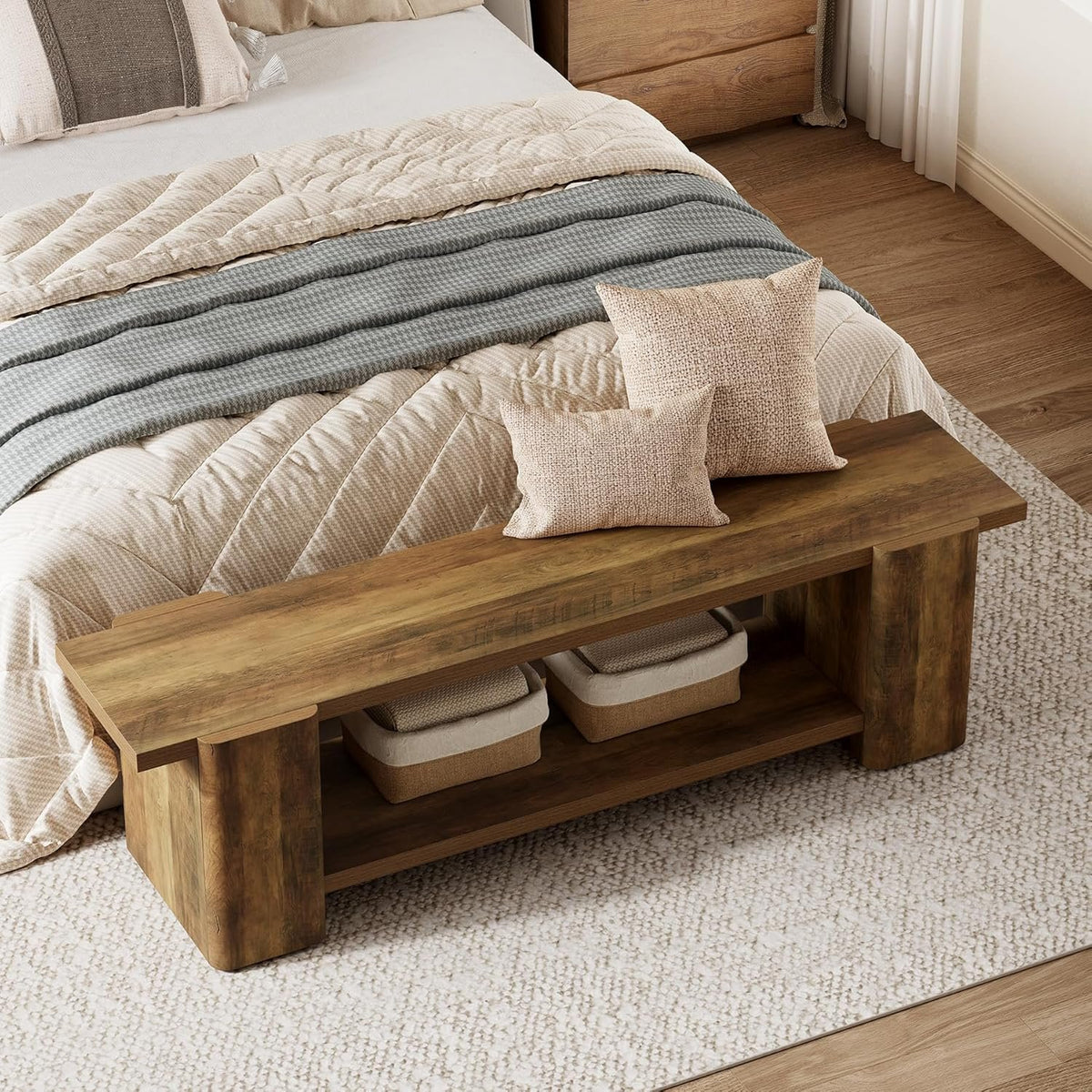 Tribesigns Banco zapatero de 160 cm con almacenamiento, color marrón Banco de madera estilo rústico