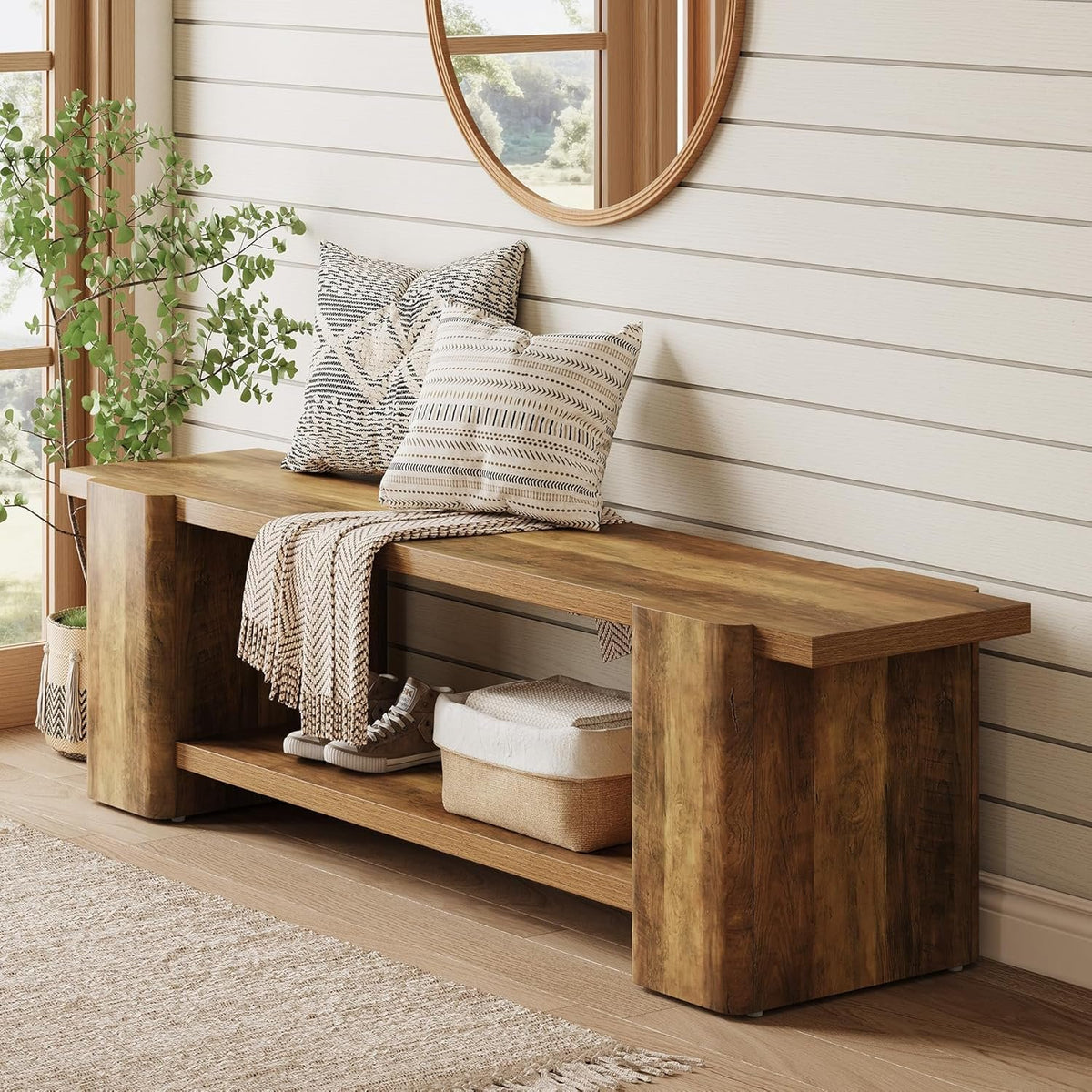 Tribesigns Banco zapatero de 160 cm con almacenamiento, color marrón Banco de madera estilo rústico