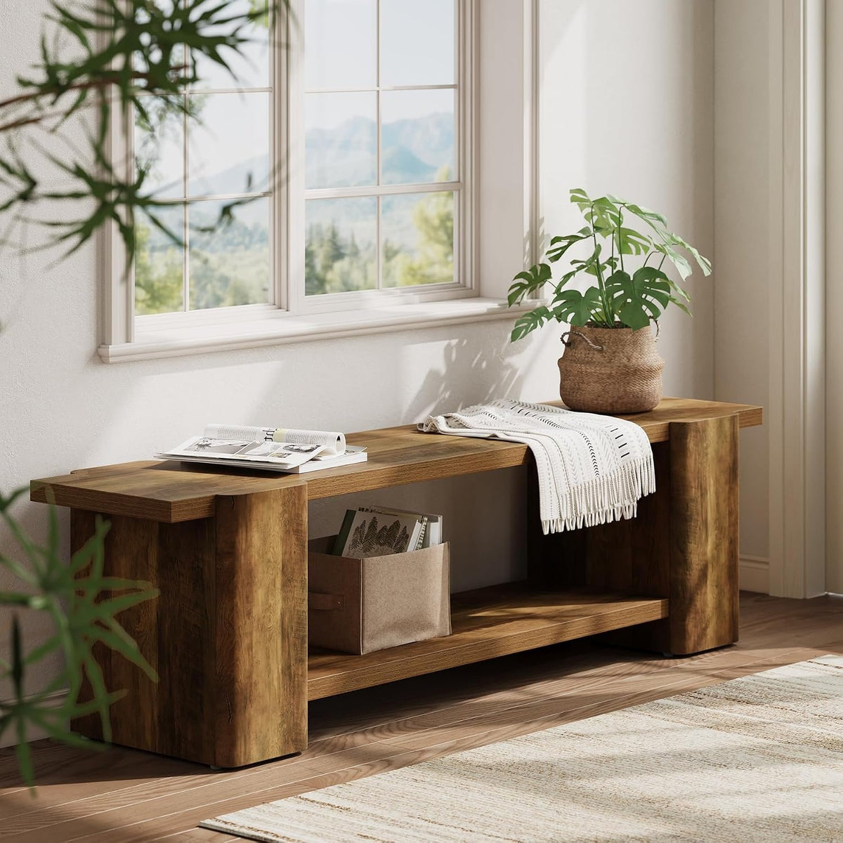 Tribesigns Banco zapatero de 160 cm con almacenamiento, color marrón Banco de madera estilo rústico