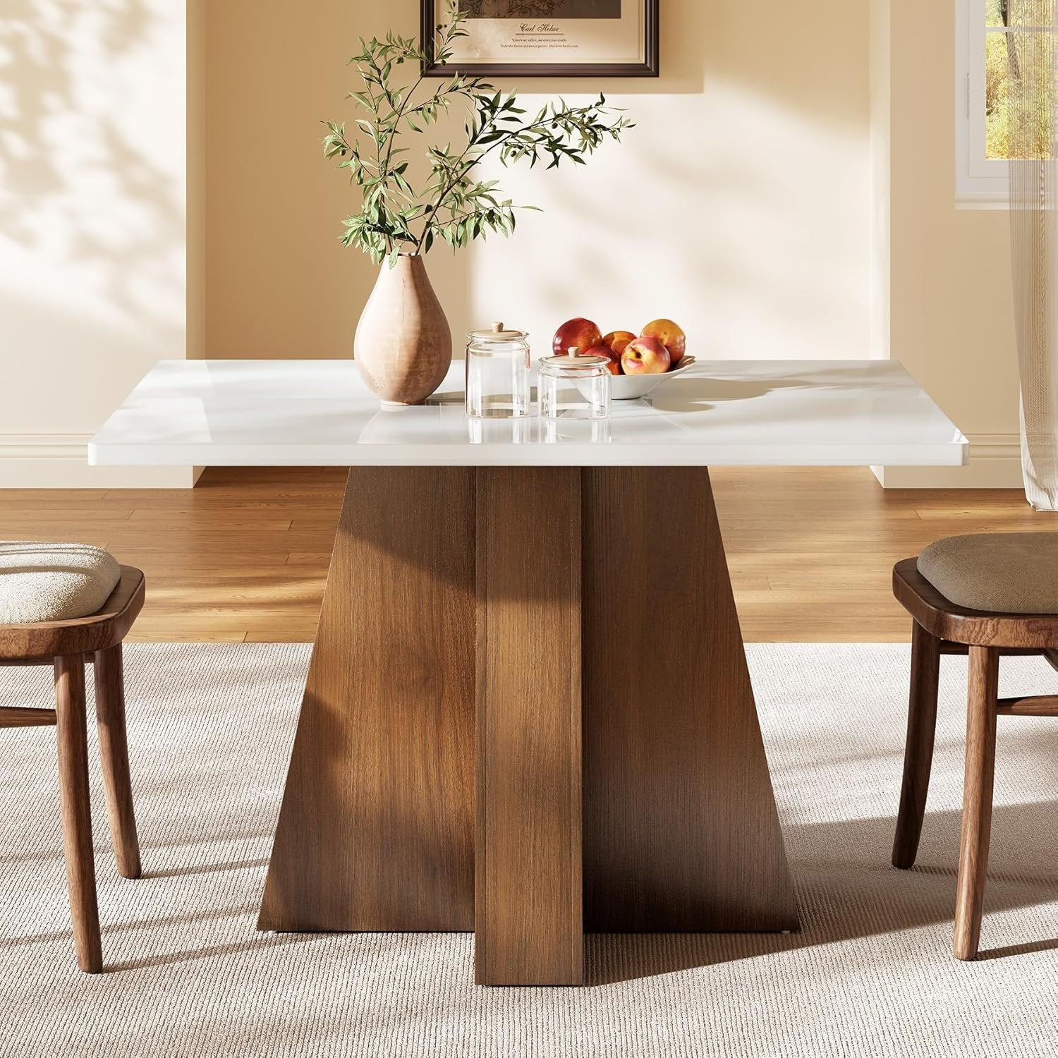 Tribesigns Mesa de comedor de 120 cm para 4-6 personas, Mesa de cocina rectangular blanca con estructura de nogal Mesa de comedor moderna de madera