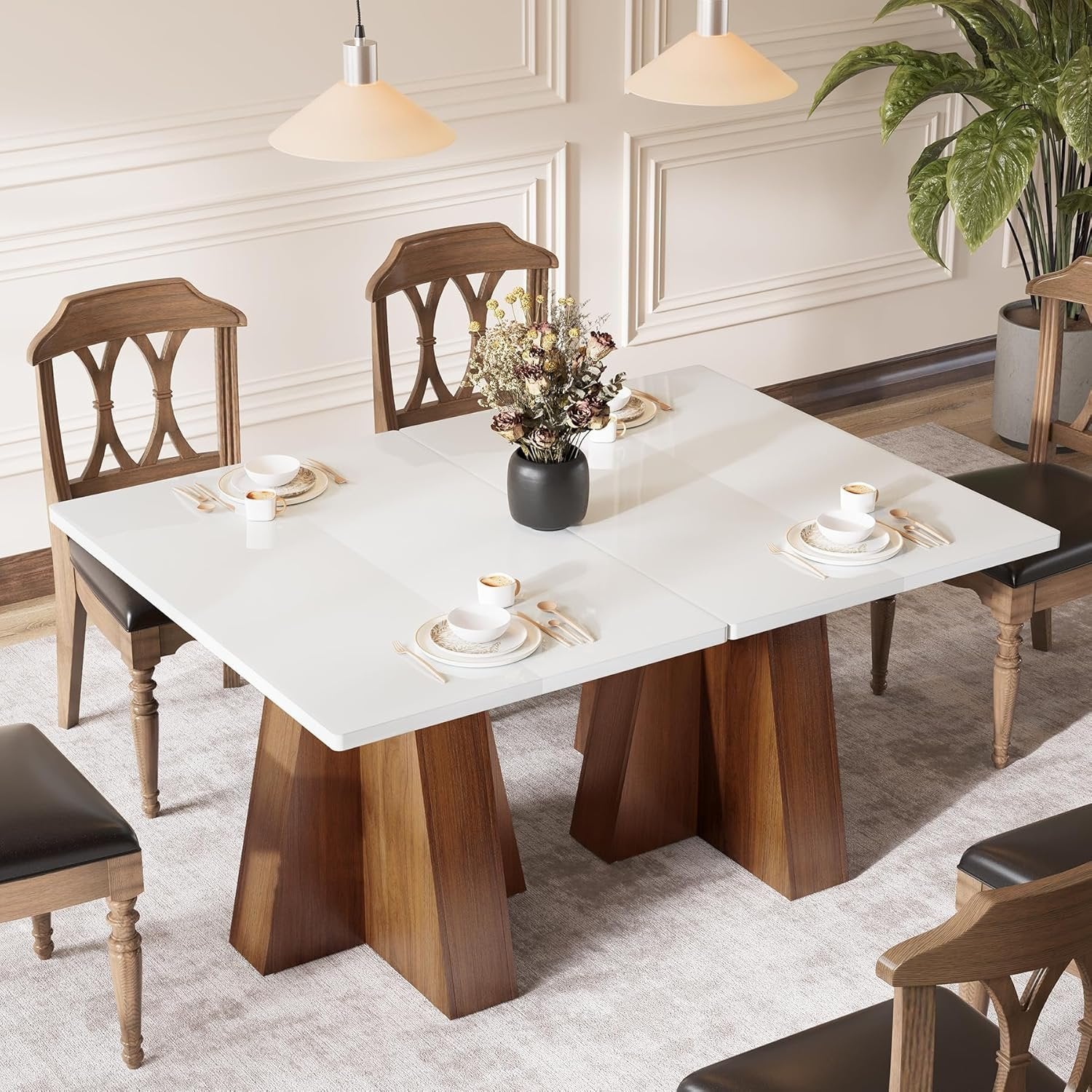 Tribesigns Mesa de comedor de 120 cm para 4-6 personas, Mesa de cocina rectangular blanca con estructura de nogal Mesa de comedor moderna de madera