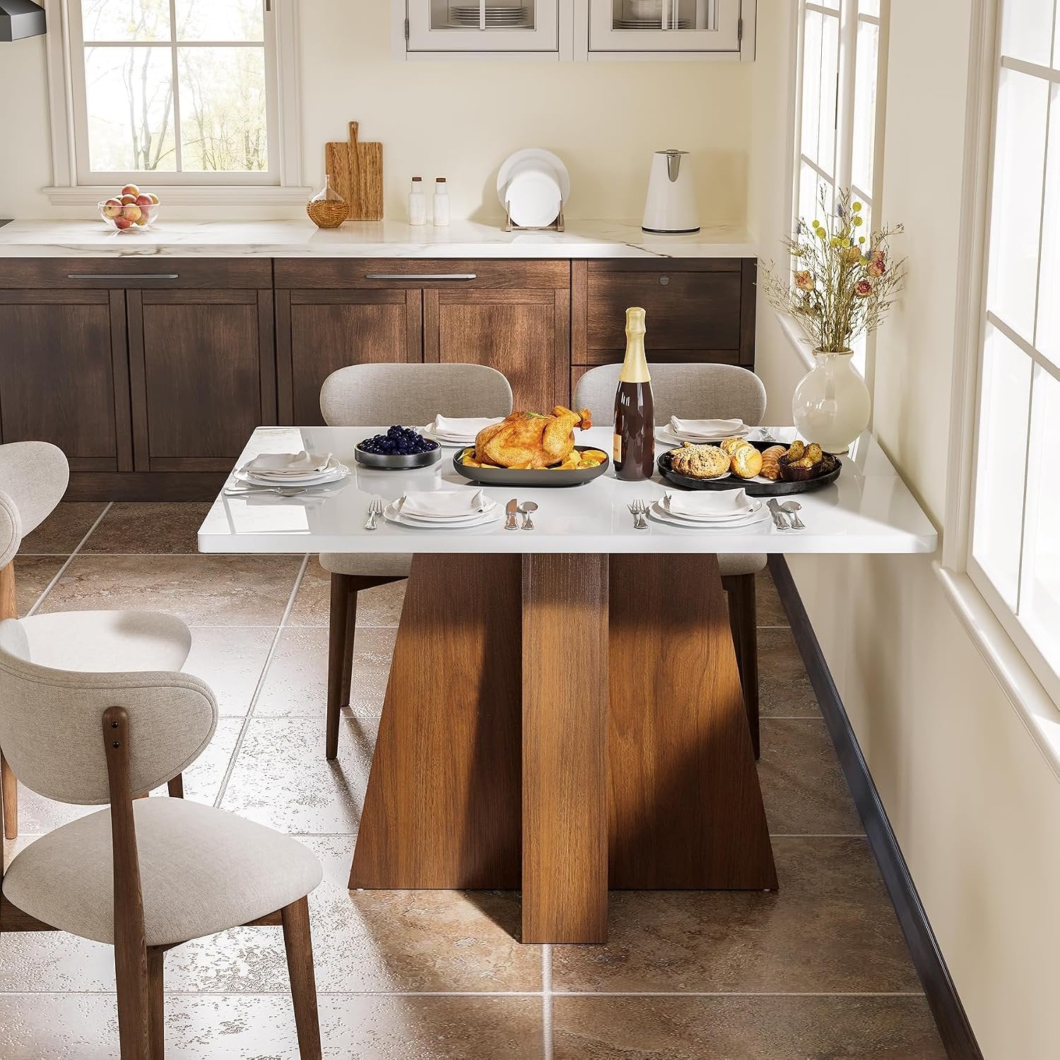 Tribesigns Mesa de comedor de 120 cm para 4-6 personas, Mesa de cocina rectangular blanca con estructura de nogal Mesa de comedor moderna de madera