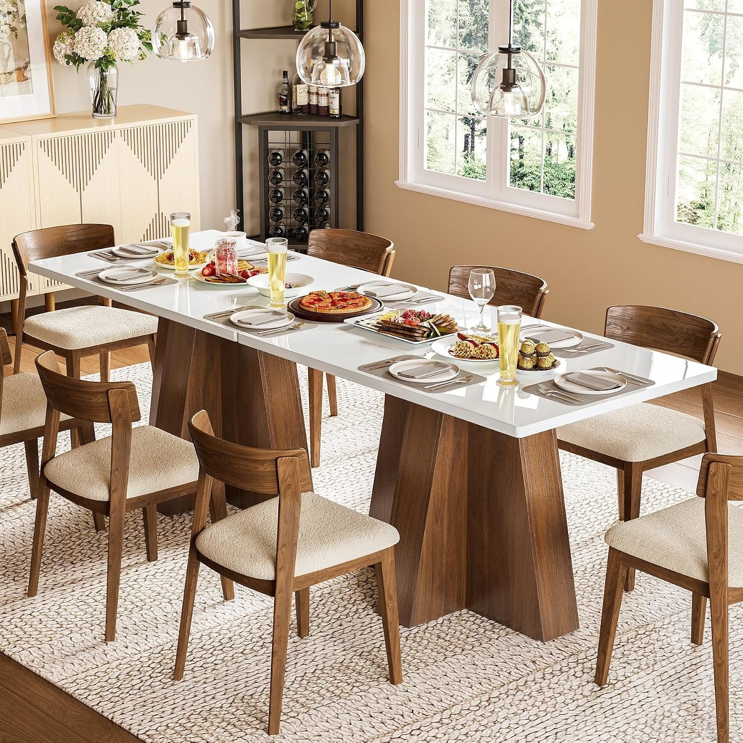 Tribesigns Mesa de comedor de 120 cm para 4-6 personas, Mesa de cocina rectangular blanca con estructura de nogal Mesa de comedor moderna de madera