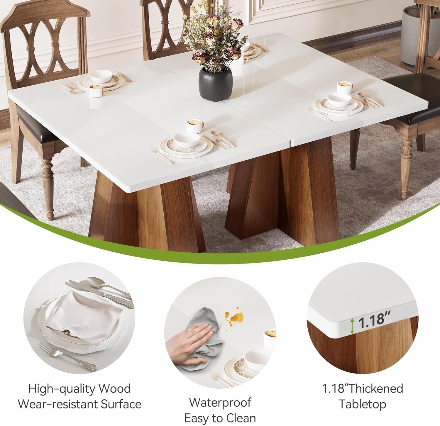 Tribesigns Mesa de comedor de 120 cm para 4-6 personas, Mesa de cocina rectangular blanca con estructura de nogal Mesa de comedor moderna de madera