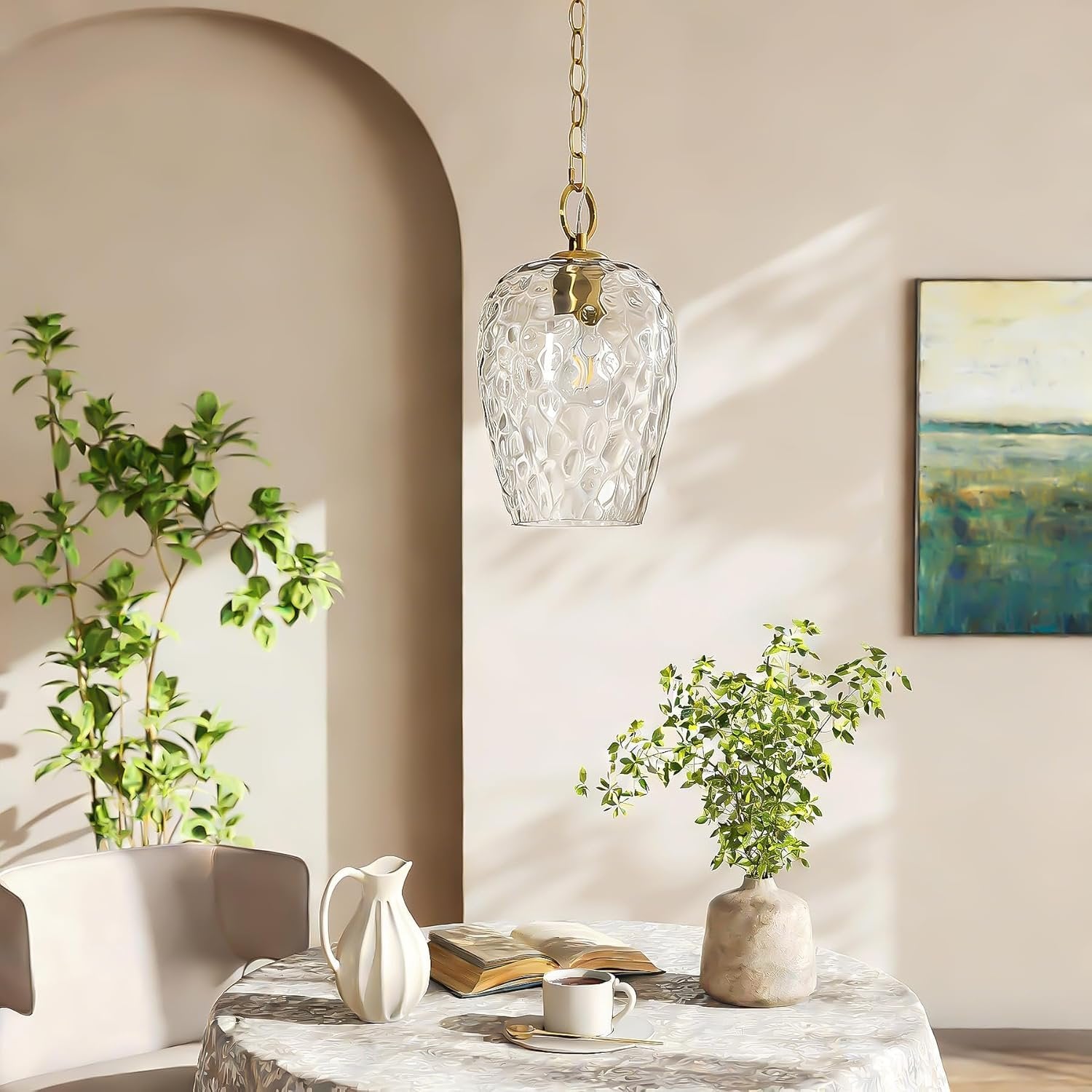 Tribesigns Lámpara colgante con pantalla de cristal martillado, altura regulable hasta 152 cm, diámetro de 22 cm, regulable, lámpara de mesa de comedor, casquillo E27