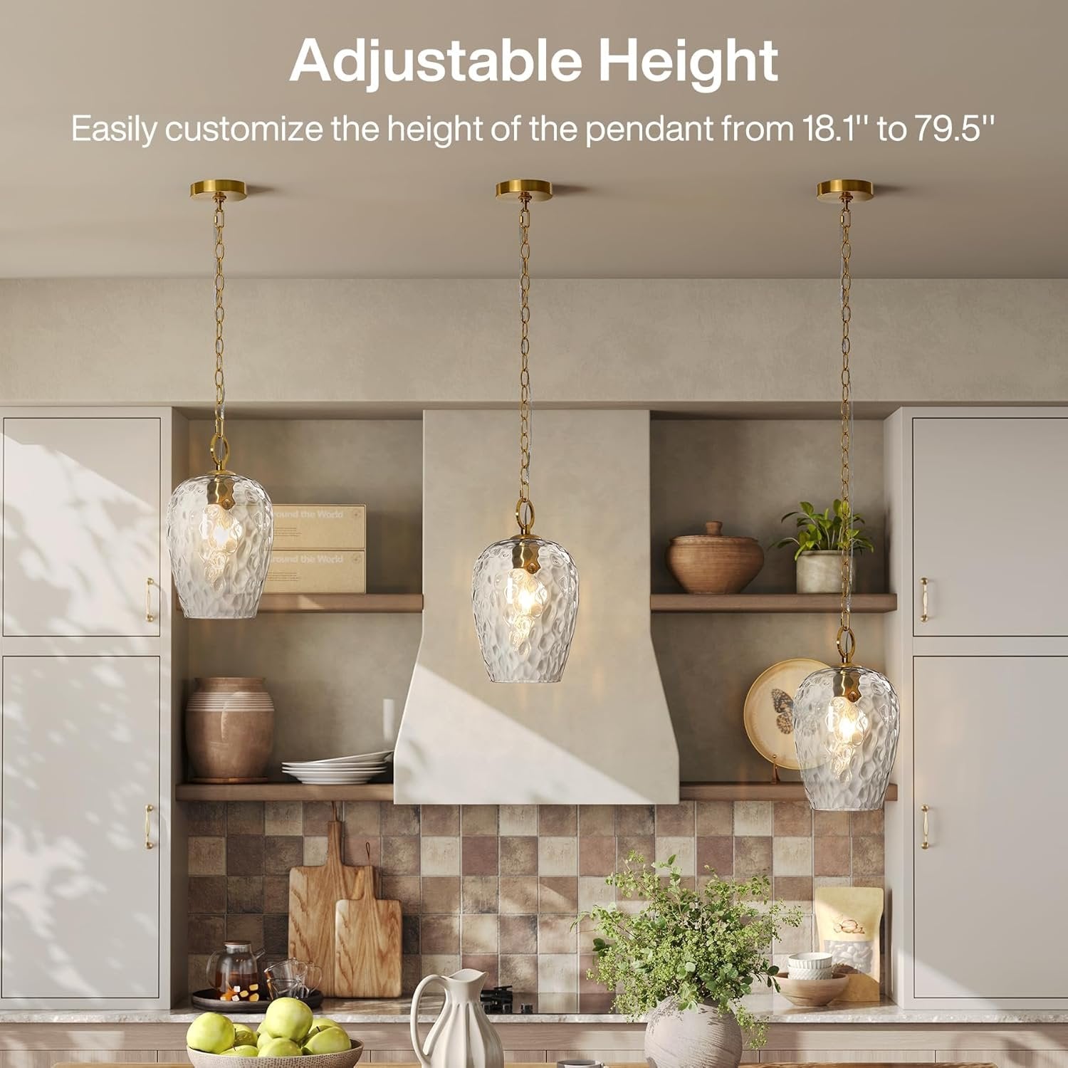 Tribesigns Lámpara colgante con pantalla de cristal martillado, altura regulable hasta 152 cm, diámetro de 22 cm, regulable, lámpara de mesa de comedor, casquillo E27