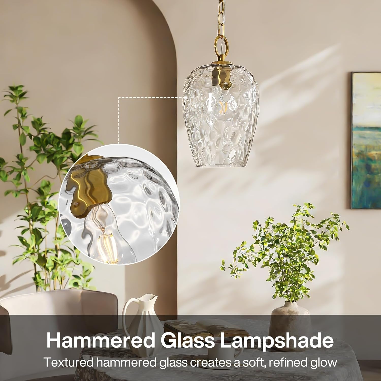 Tribesigns Lámpara colgante con pantalla de cristal martillado, altura regulable hasta 152 cm, diámetro de 22 cm, regulable, lámpara de mesa de comedor, casquillo E27