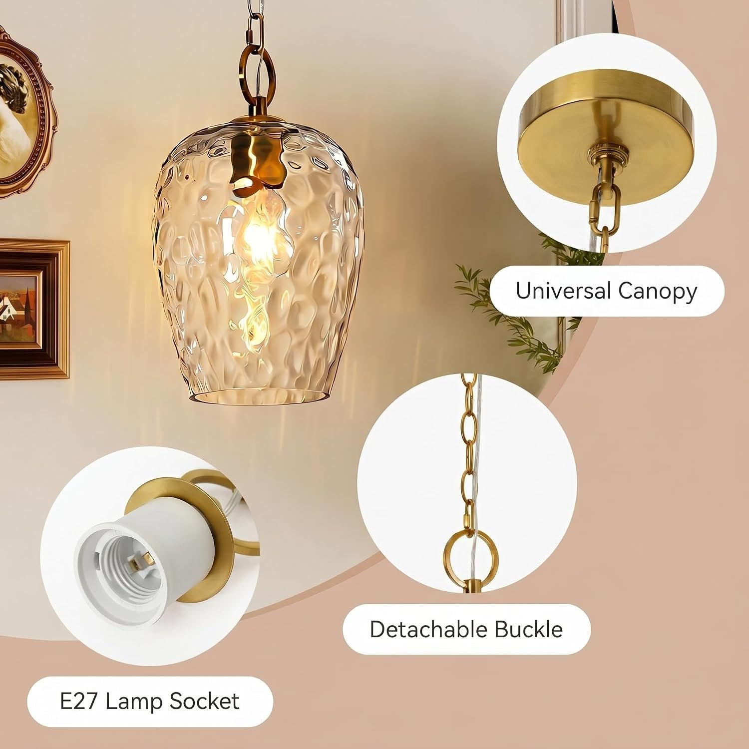 Tribesigns Lámpara colgante con pantalla de cristal martillado, altura regulable hasta 152 cm, diámetro de 22 cm, regulable, lámpara de mesa de comedor, casquillo E27