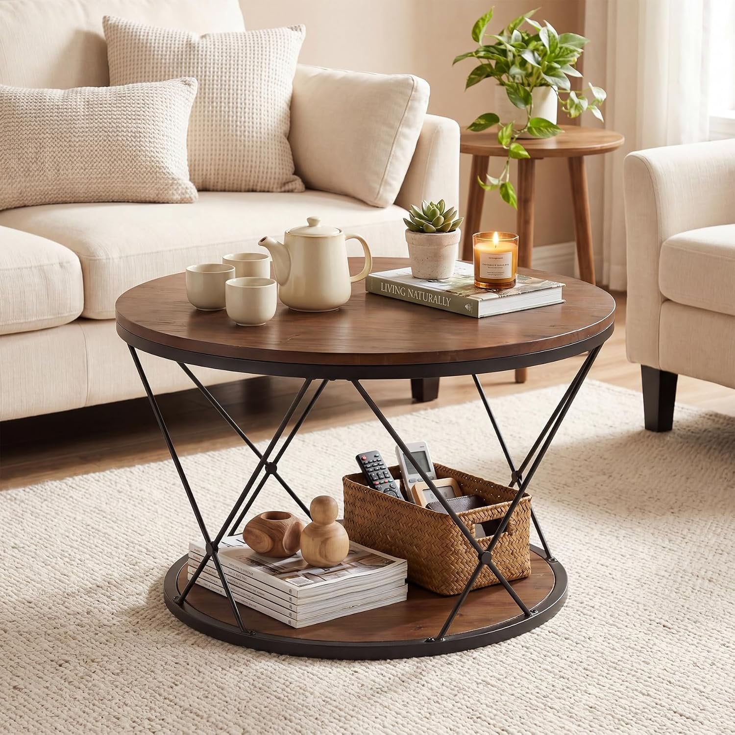 Mesa de centro redonda de 80 cm, Mesa de centro industrial de madera maciza con estante inferior