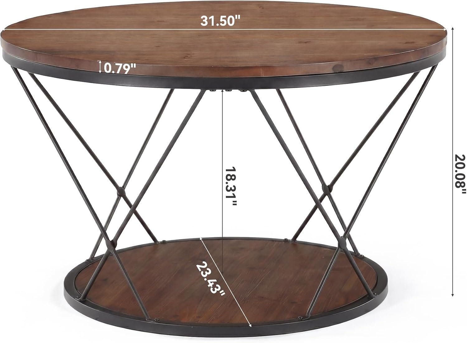 Mesa de centro redonda de 80 cm, Mesa de centro industrial de madera maciza con estante inferior
