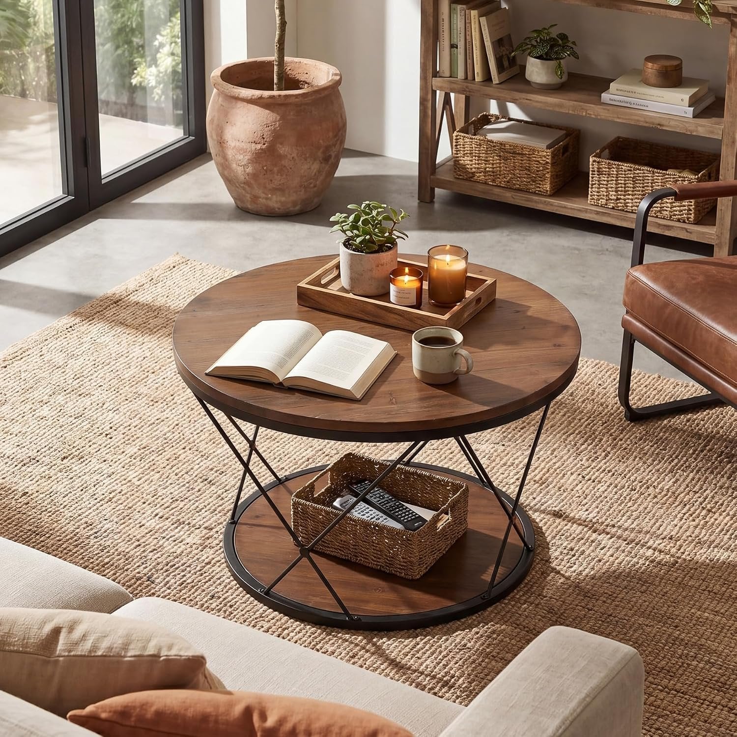 Mesa de centro redonda de 80 cm, Mesa de centro industrial de madera maciza con estante inferior