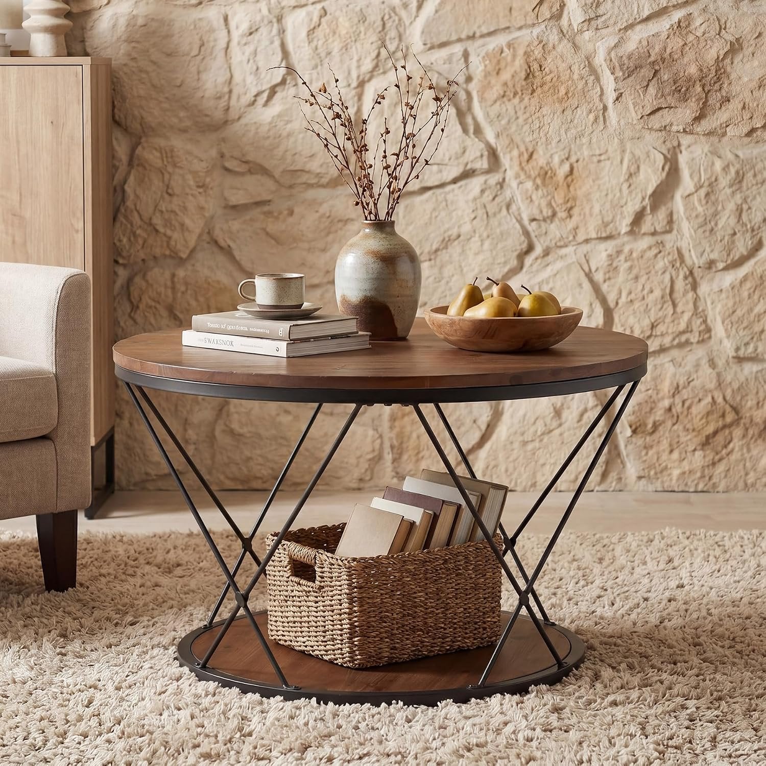 Mesa de centro redonda de 80 cm, Mesa de centro industrial de madera maciza con estante inferior