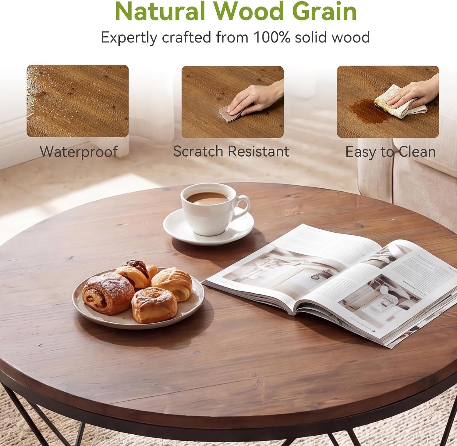 Mesa de centro redonda de 80 cm, Mesa de centro industrial de madera maciza con estante inferior