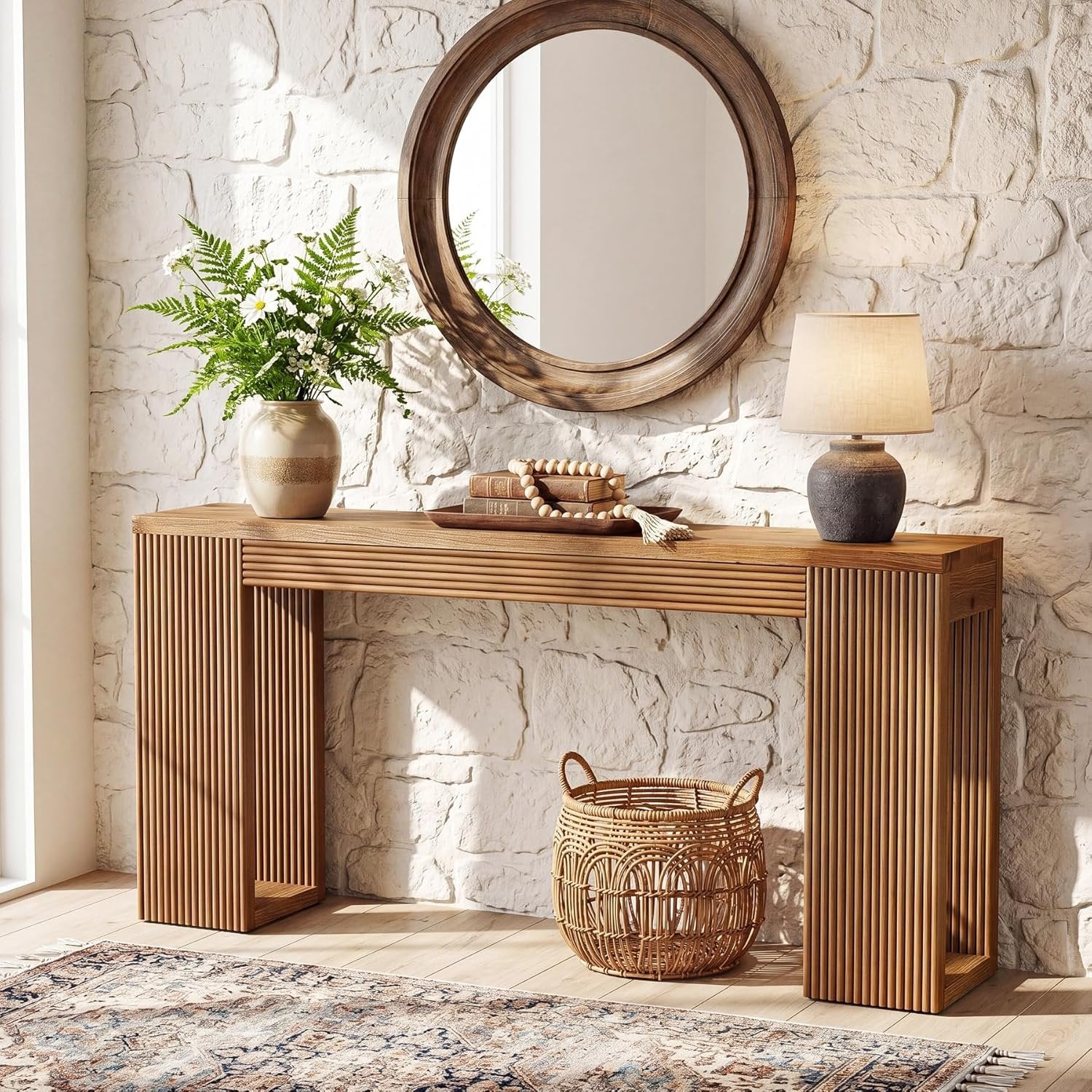 Mesa consola de madera maciza, 160 cm de largo, Mesa de recibidor de estilo rústico con patas estriadas