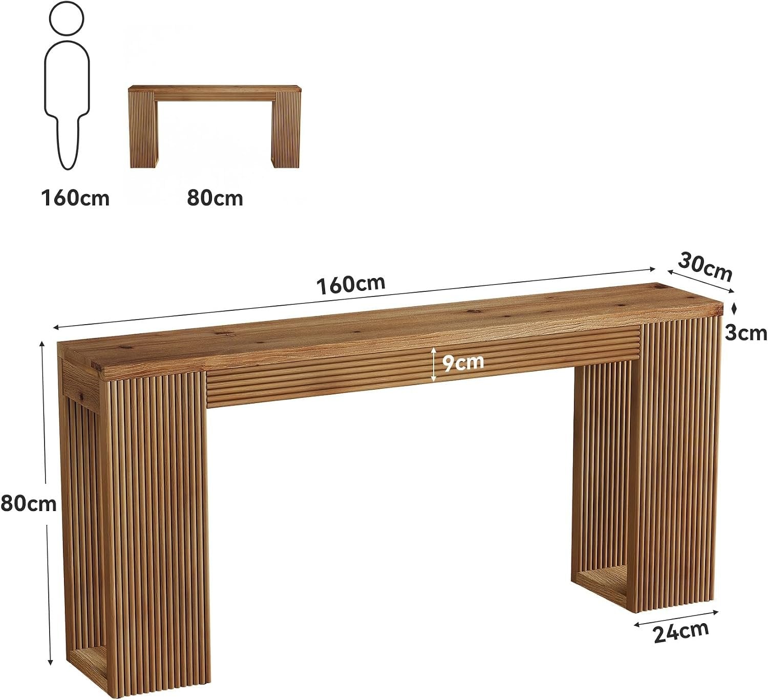 Mesa consola de madera maciza, 160 cm de largo, Mesa de recibidor de estilo rústico con patas estriadas
