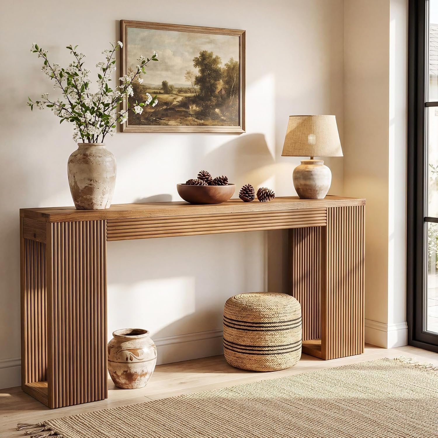 Mesa consola de madera maciza, 160 cm de largo, Mesa de recibidor de estilo rústico con patas estriadas