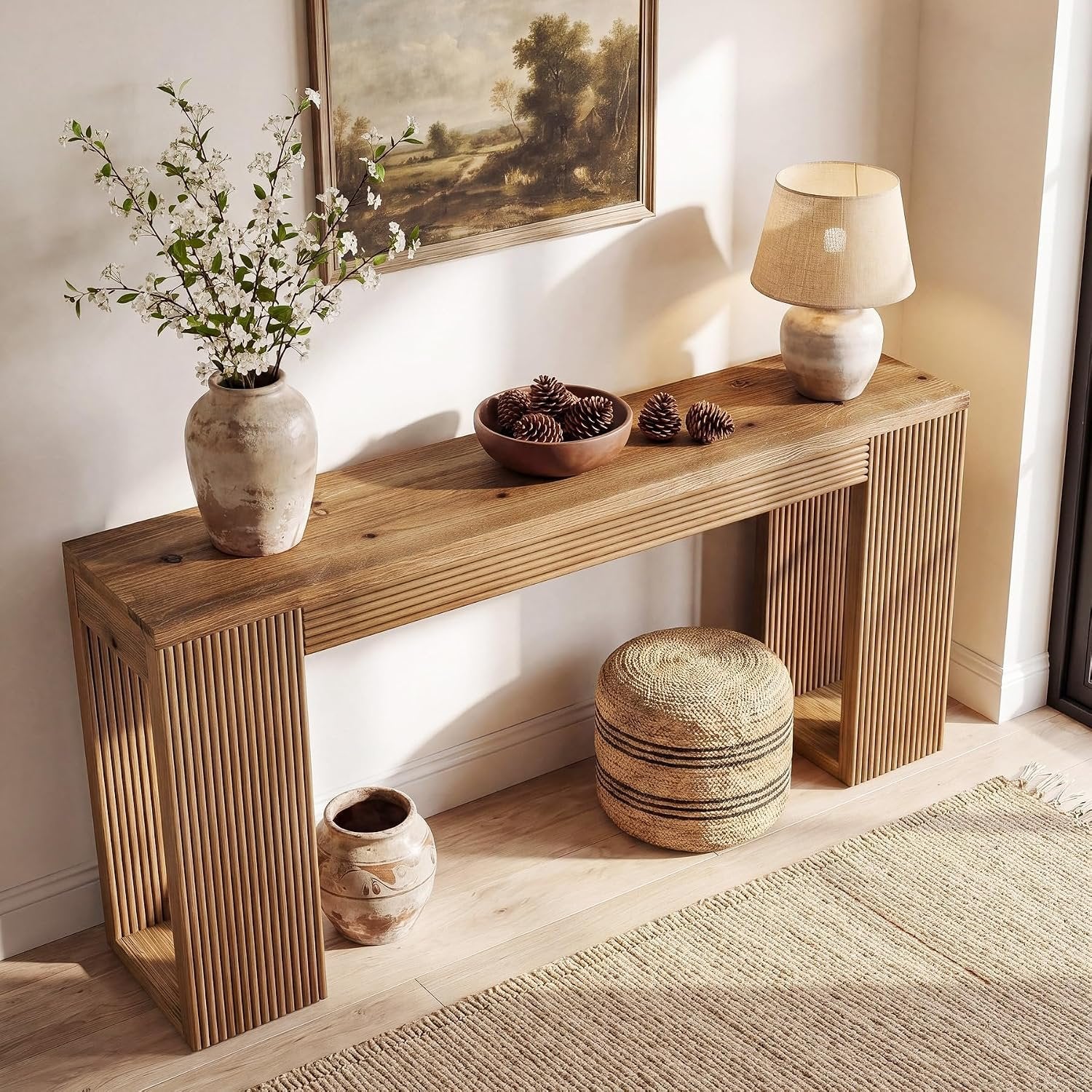 Mesa consola de madera maciza, 160 cm de largo, Mesa de recibidor de estilo rústico con patas estriadas