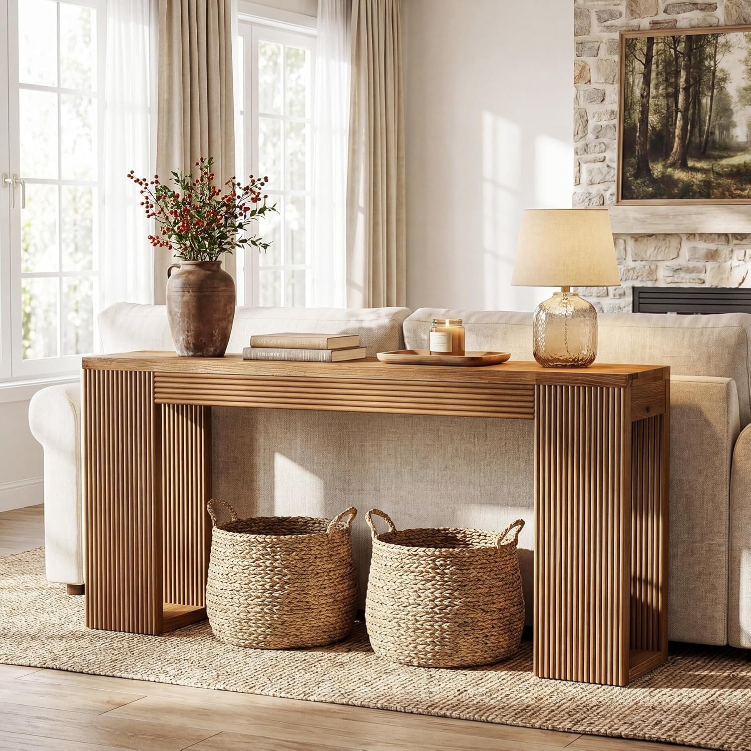 Mesa consola de madera maciza, 160 cm de largo, Mesa de recibidor de estilo rústico con patas estriadas