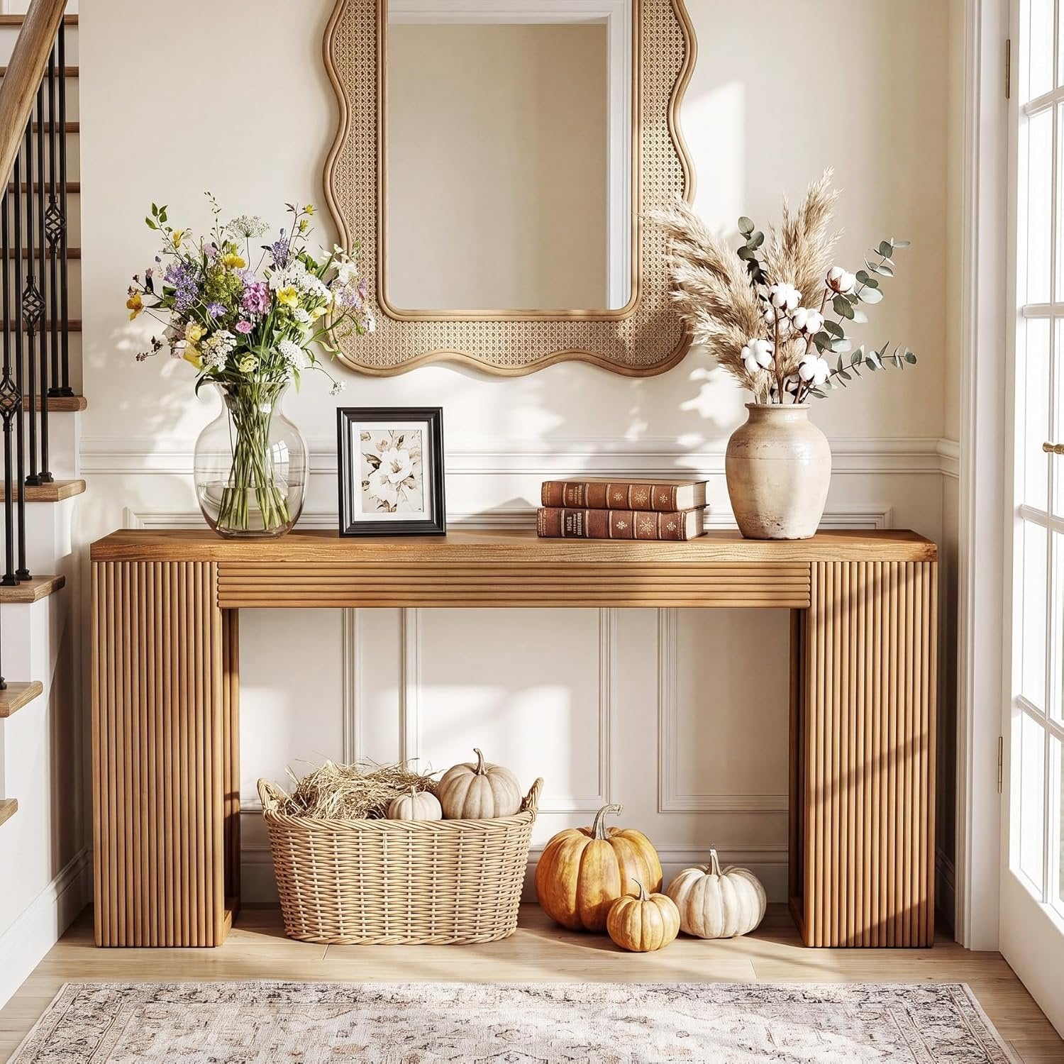 Mesa consola de madera maciza, 160 cm de largo, Mesa de recibidor de estilo rústico con patas estriadas