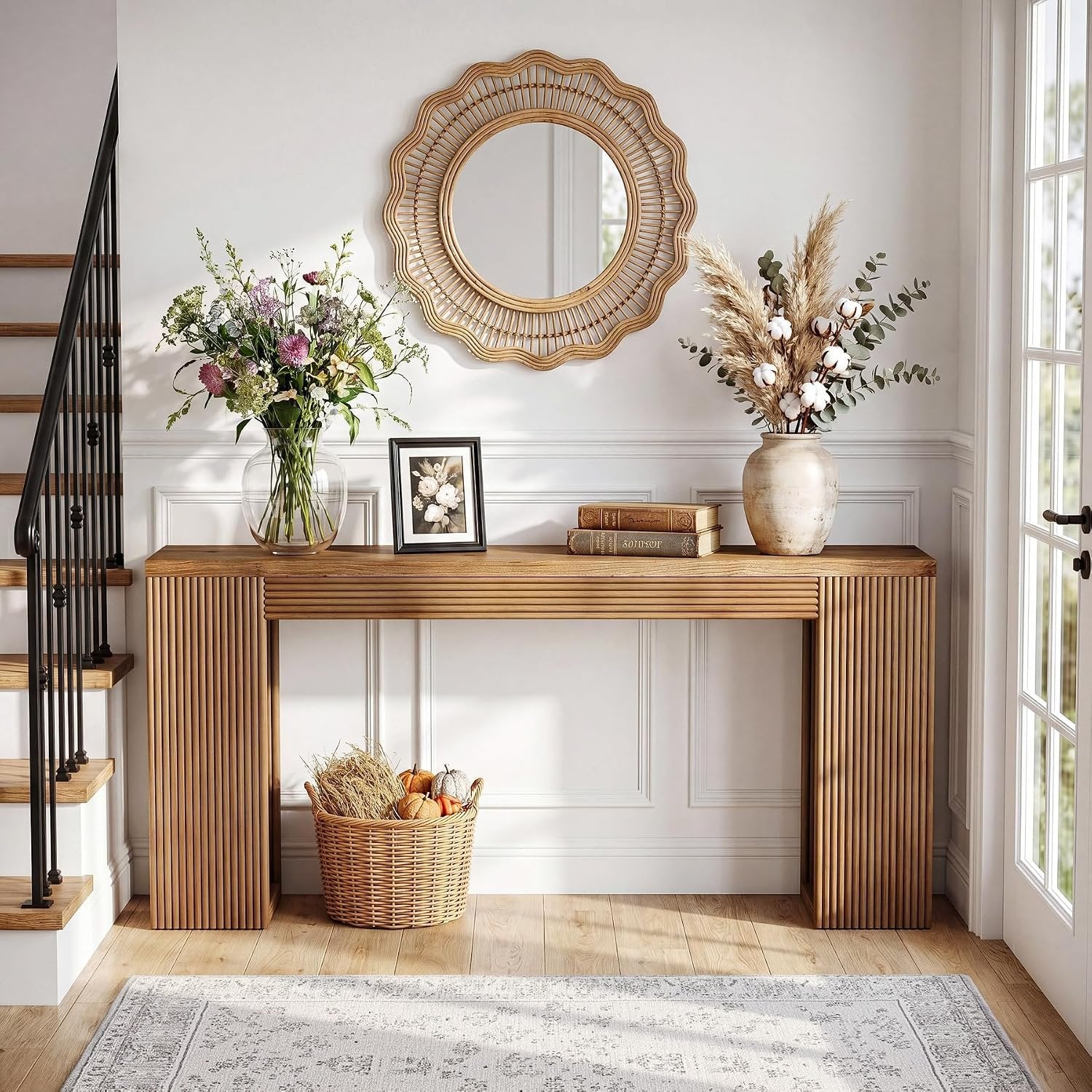 Mesa consola de madera maciza, 160 cm de largo, Mesa de recibidor de estilo rústico con patas estriadas