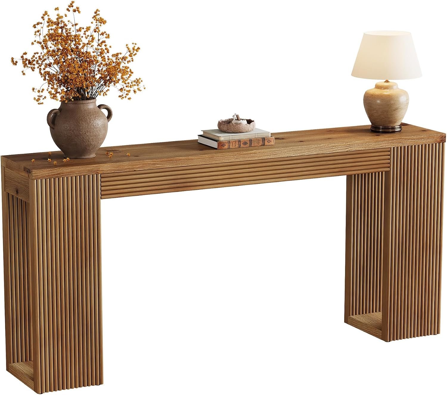 Mesa consola de madera maciza, 160 cm de largo, Mesa de recibidor de estilo rústico con patas estriadas