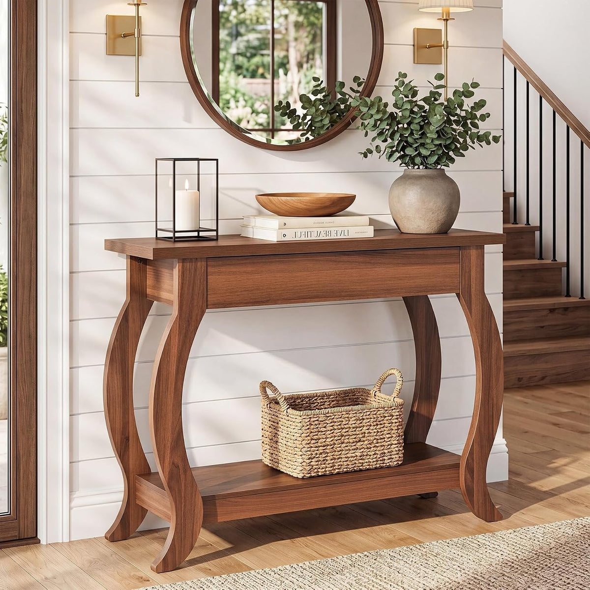 Tribesigns Mesa consola de 105 cm con cajón, Mesa estrecha para recibidor de estilo rústico